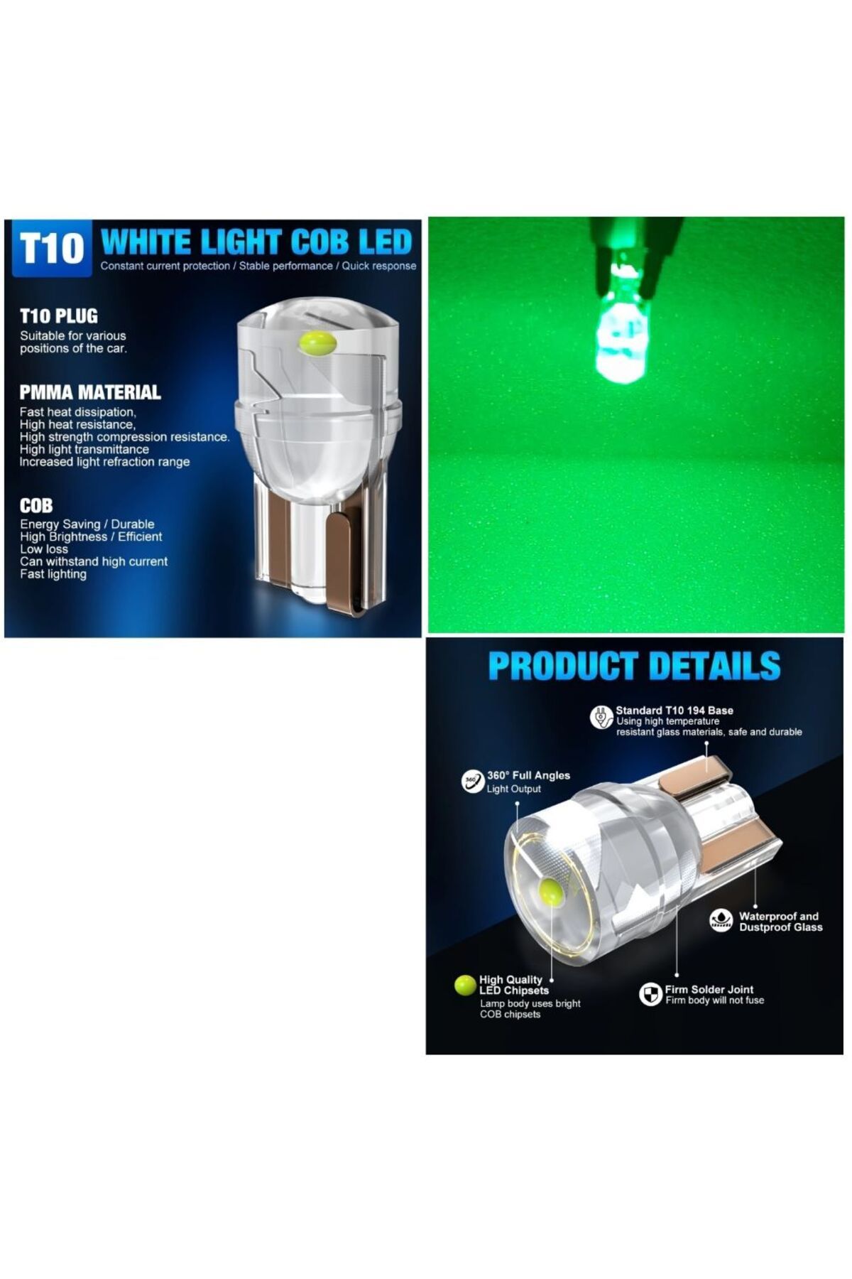 orco (2XADET) 1 TAKIM ROFESSIONAL T10 LED GREEN T10 LED DİPSİZ AMPUL PROFOSYONEL COPILOT SERİ YEŞİL