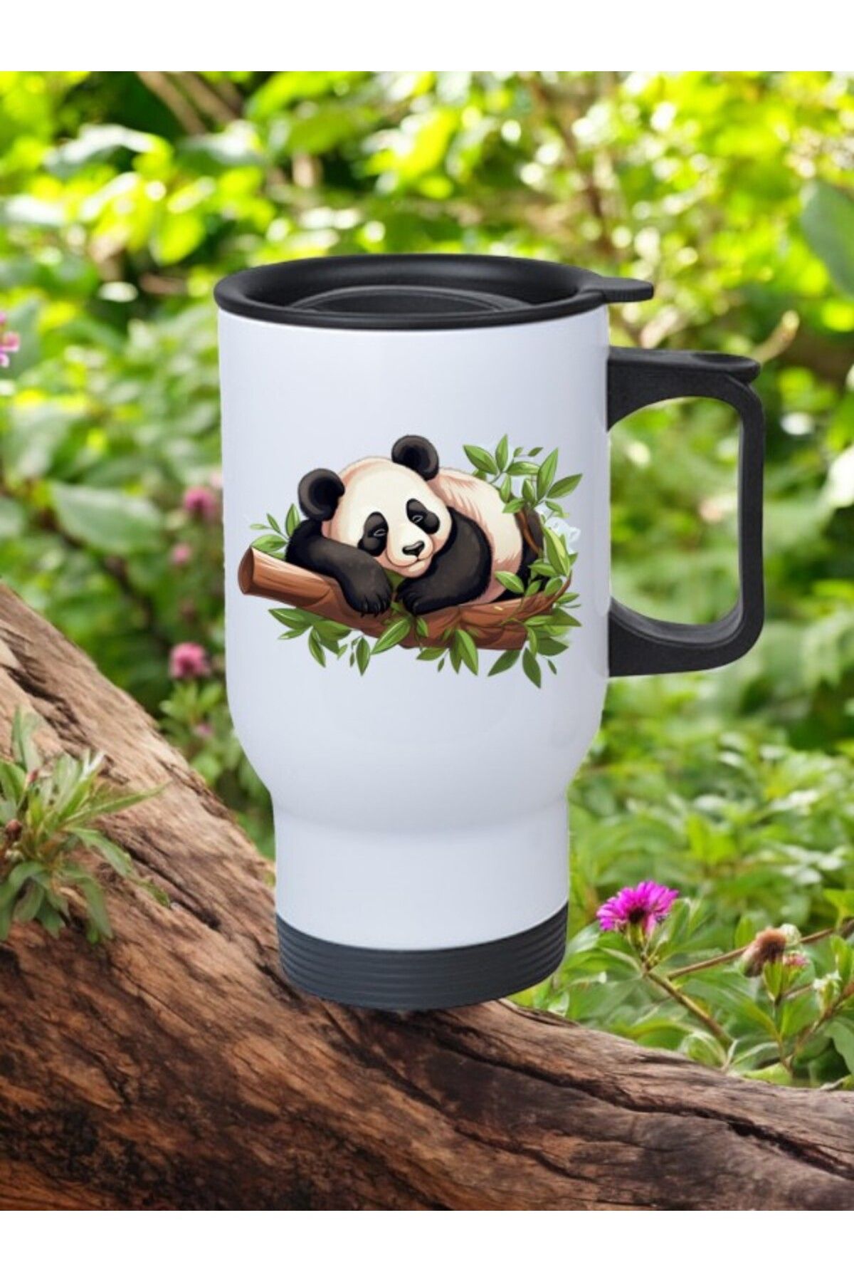 lili hediyelik Ağaçta Panda Baskılı Kulplu Çelik Termos 450 ml