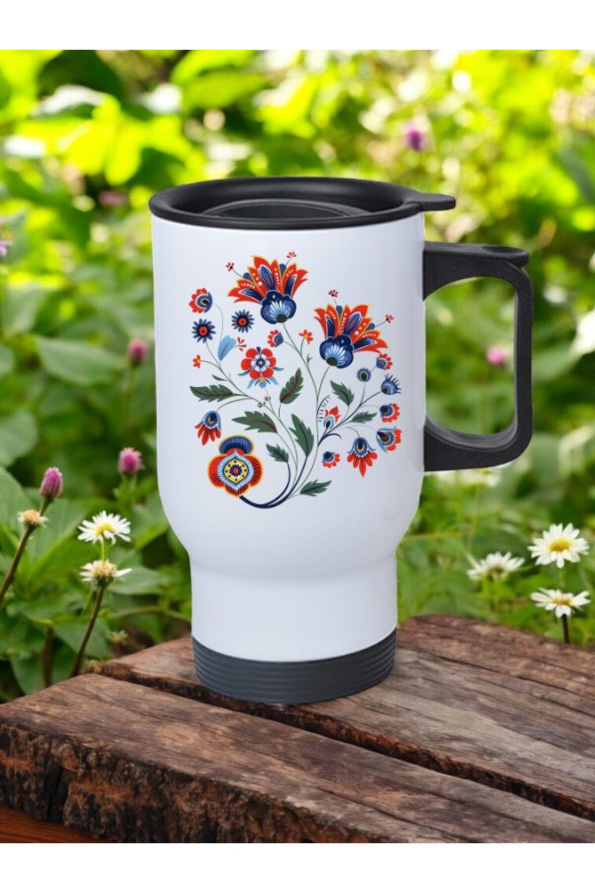 lili hediyelik Ebru Deseni Baskılı Kulplu Çelik Bardak Termos 450 ml