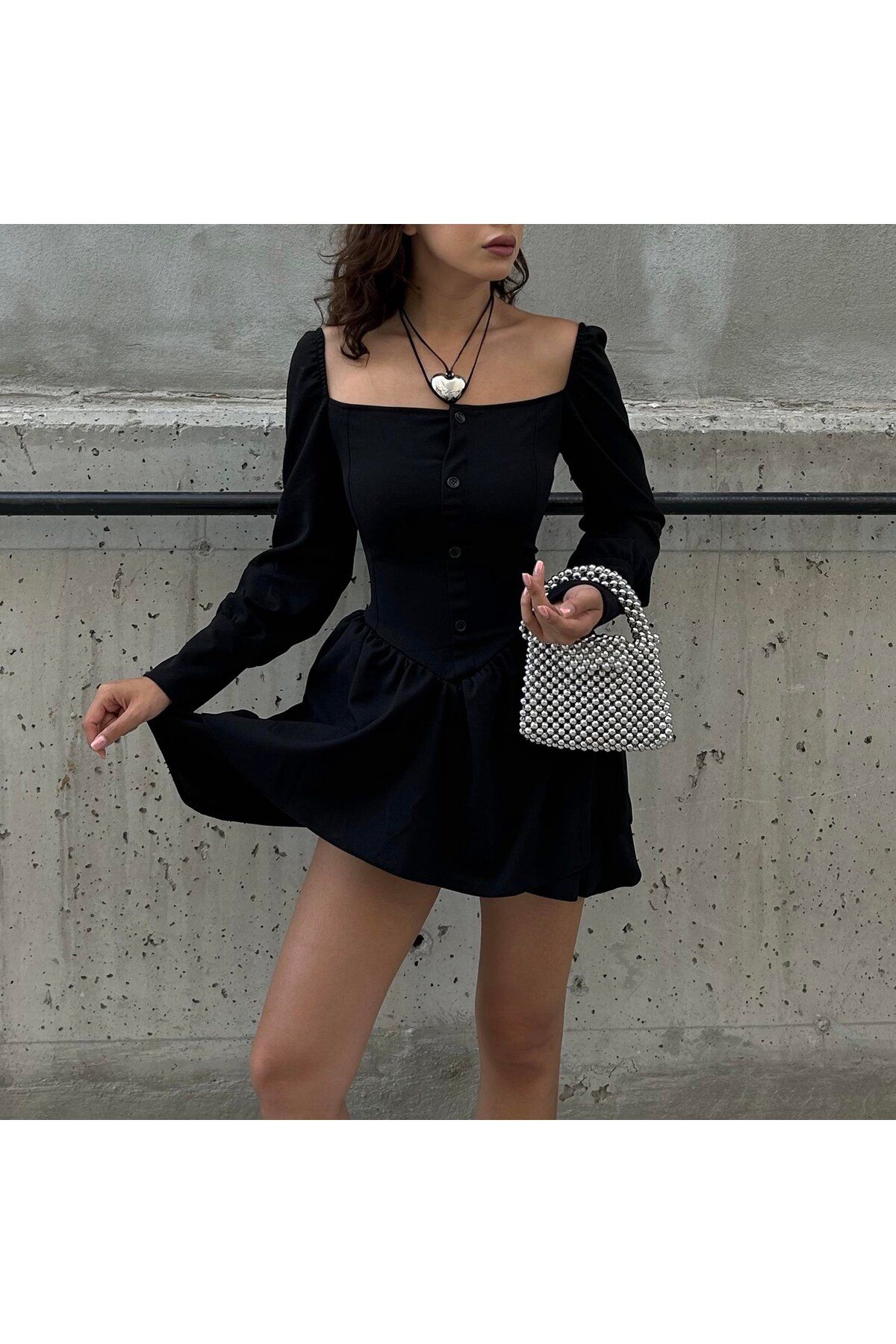 BALİNA Yeni Siyah Mini Düğmeli Bağcıklı Uzun Kollu Elbise THE SOLO