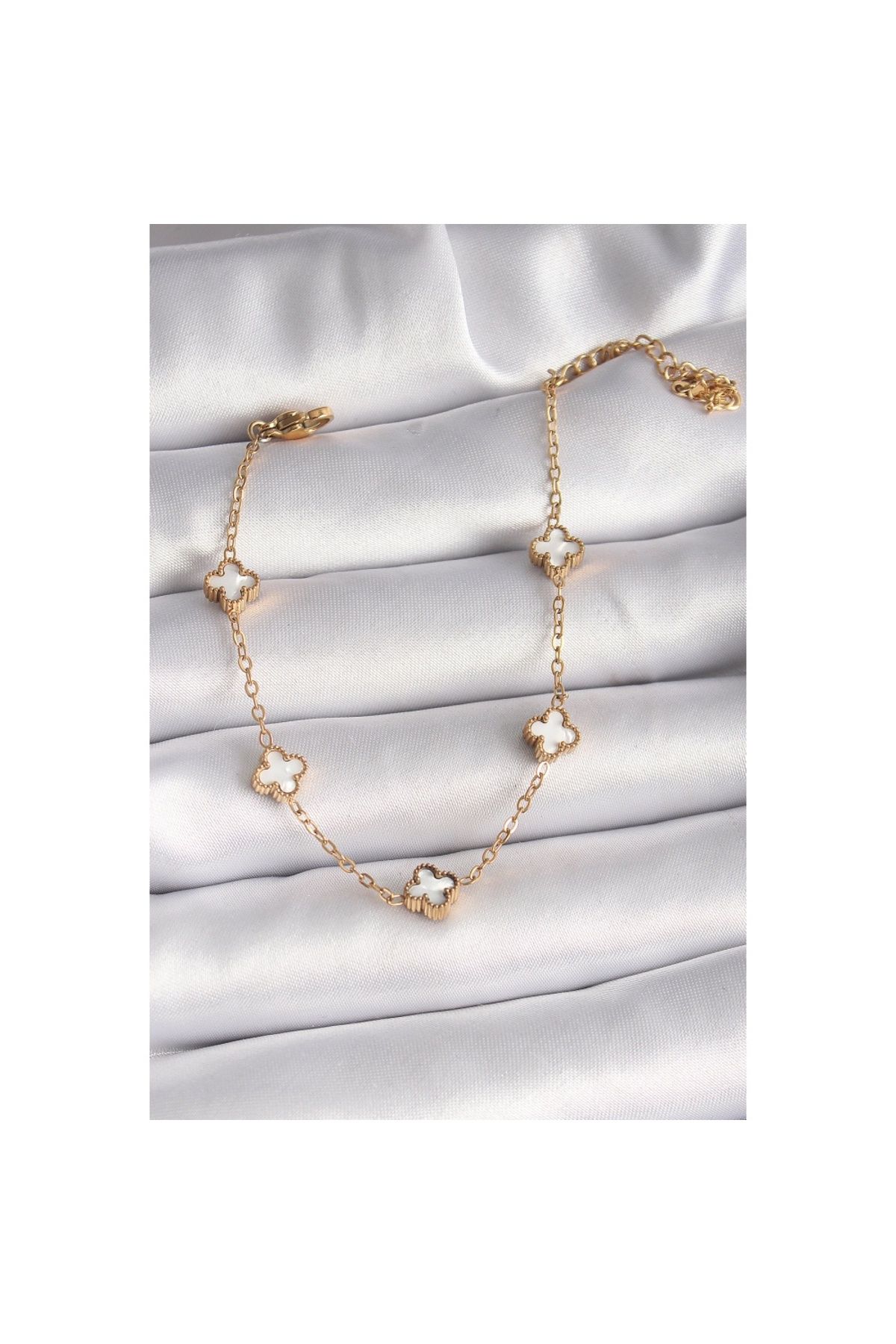 Findit 316L Çelik Gold Renk Beyaz Baby Boy Yonca Model Kadın Bileklik