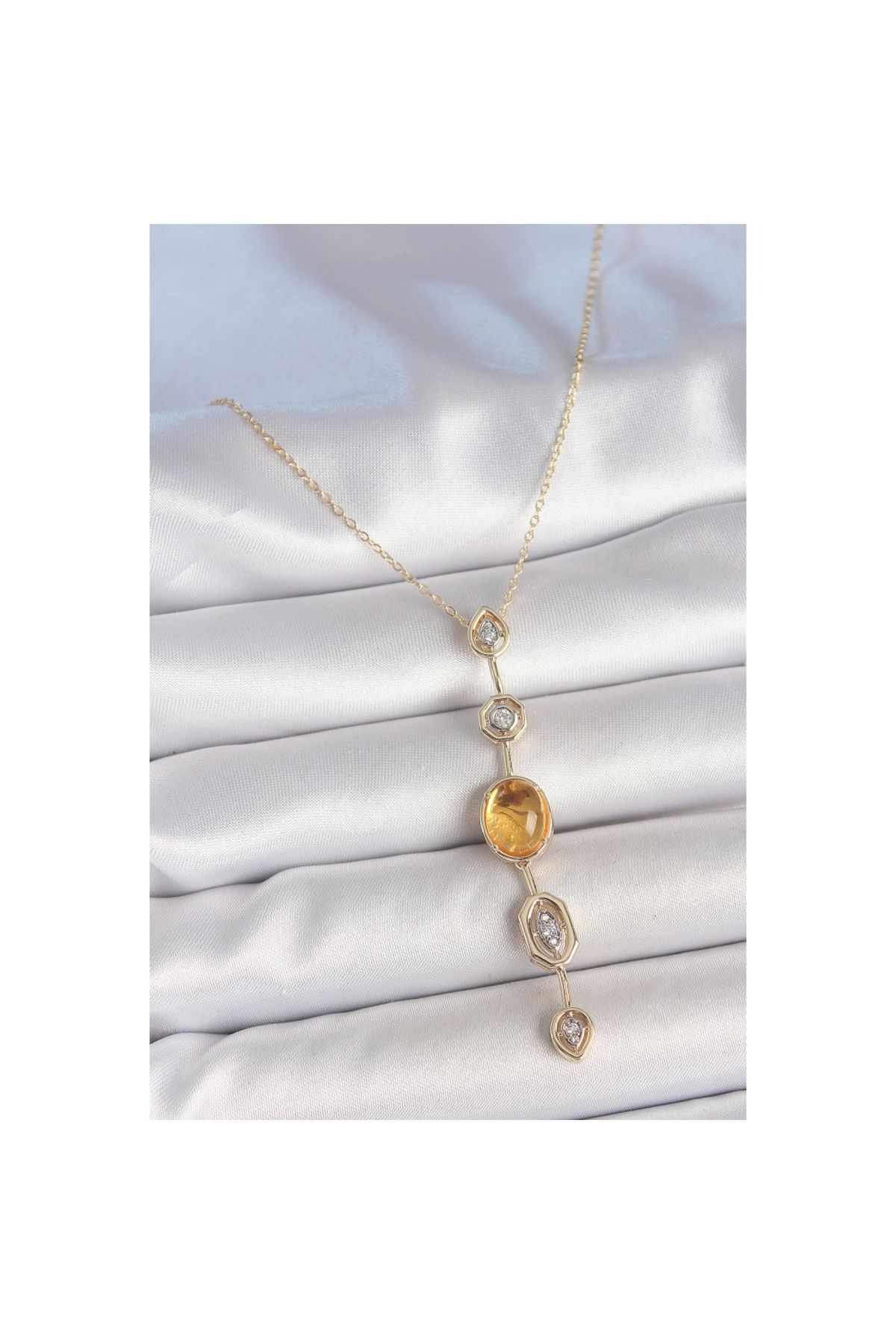 Findit Pirinç Zincir Kehribar Sarı Gold Renk Zirkon Taşlı Y Kolye