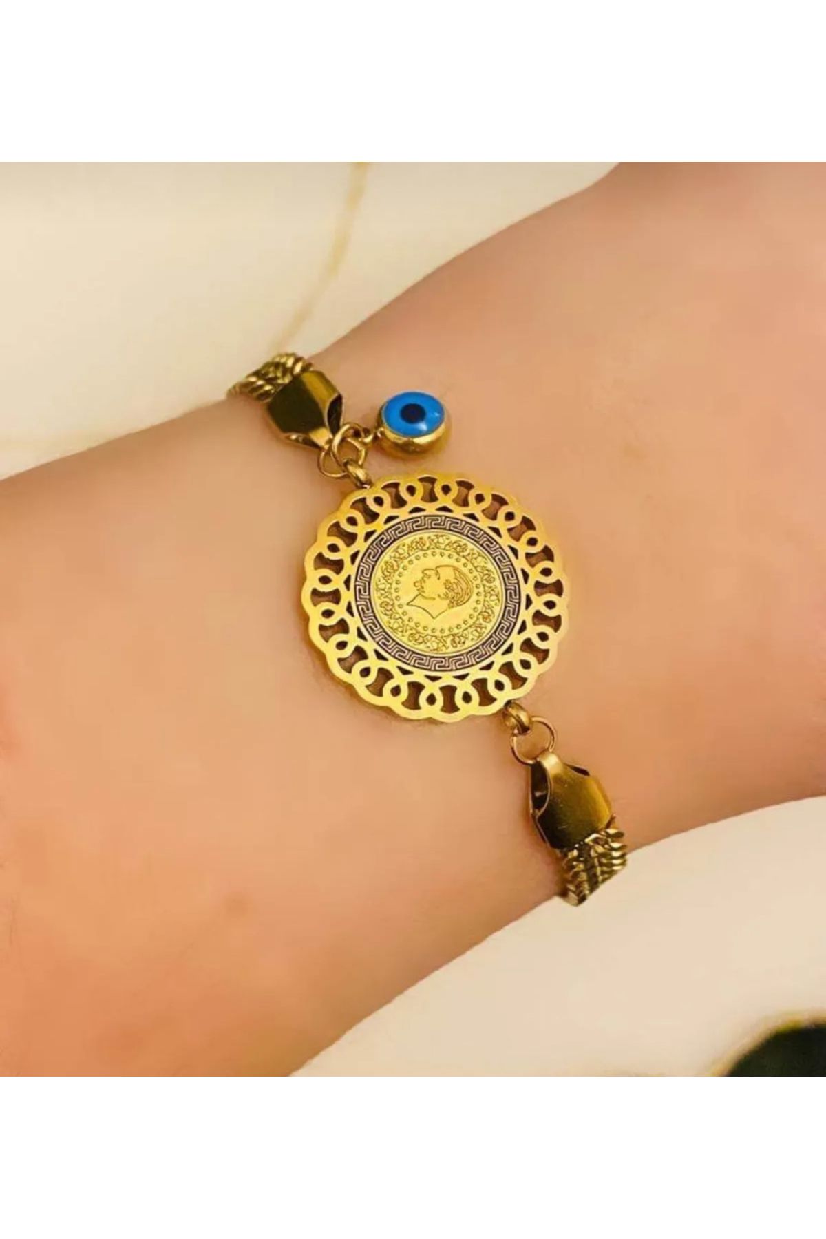 Akalp 💫Çeyrek Altın Görünümlü Çelik bileklik Sarı nazar boncuklu 🧿💫
