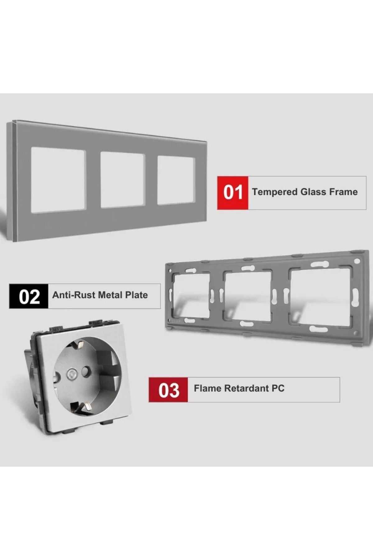 iUni-Triple socket with tempered glass frame iUni WS3, 16A, Silver 3