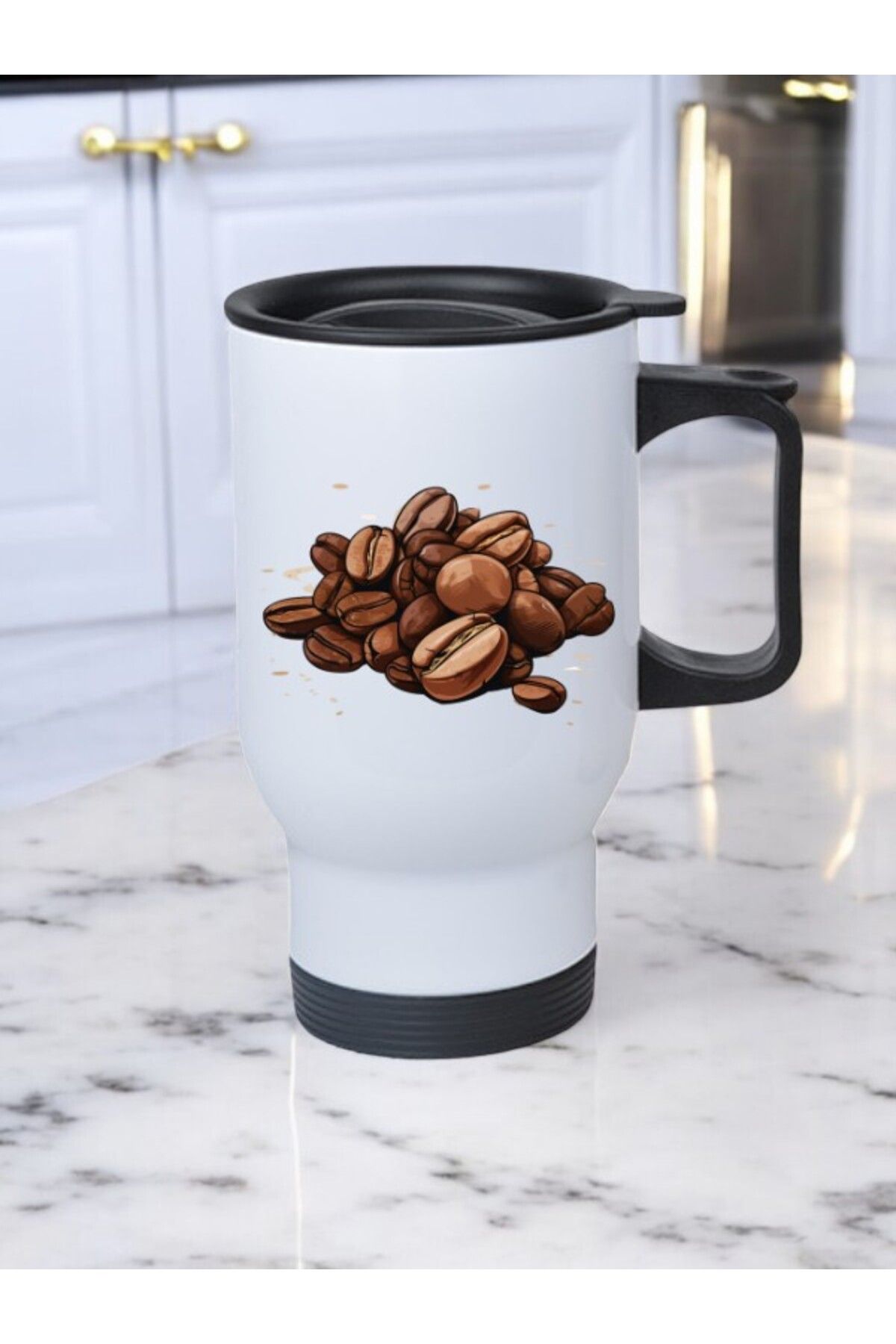 lili hediyelik Kahve Çekirdeği Baskılı Kulplu Çelik Bardak Termos 450 ml