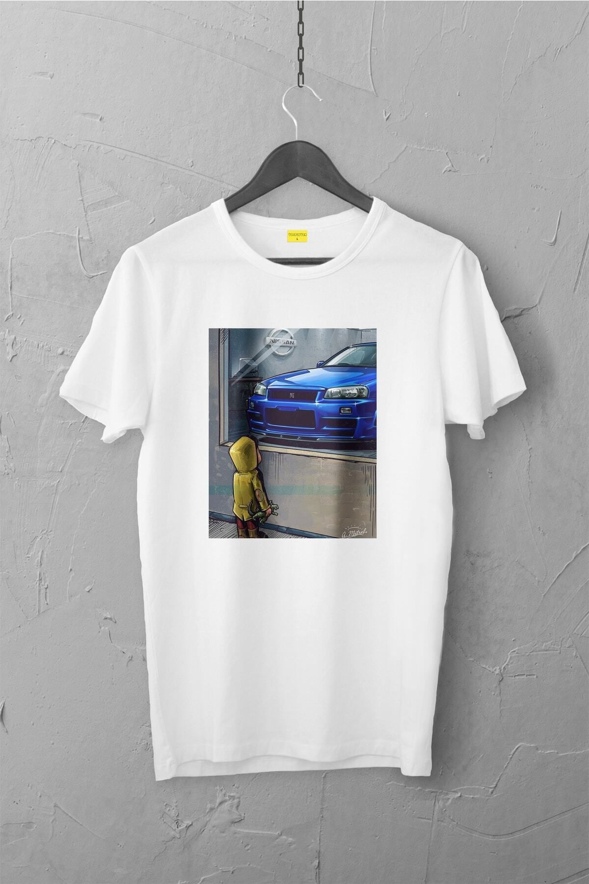 Pisa Art Nissan Skyline R34 Gtr Design Tshirt , Unisex Premium, Çatlama Solma Yapmaz / Otomobil