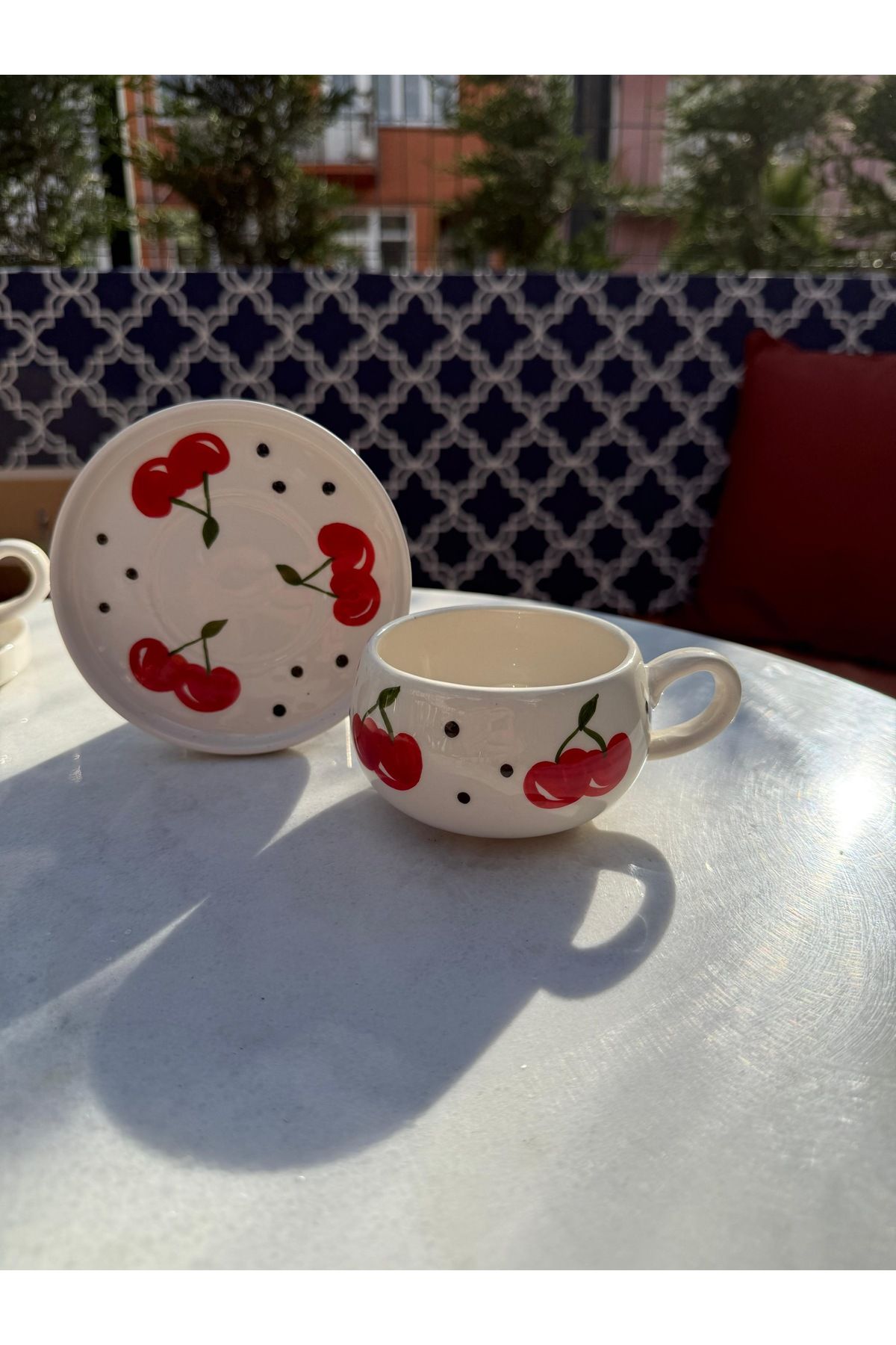 evlashop Kiraz Desenli Tabaklı Sefamik Kupa/Fincan/Kupa