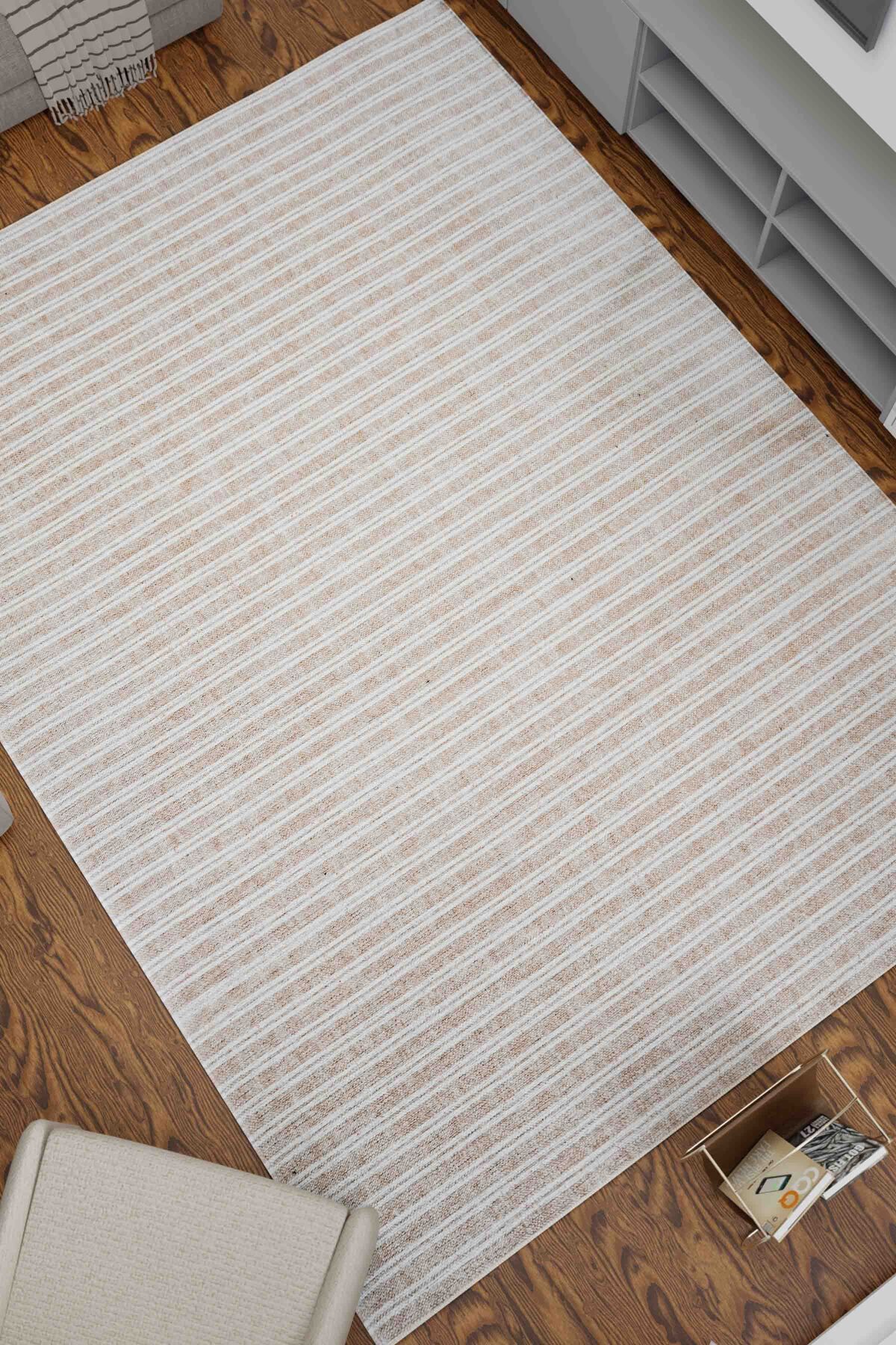 Serente Home Soyut Çizgi Desenli Yıkanabilir Kaymaz Taban Şönil Halı Bej Beyaz Yolluk 4162