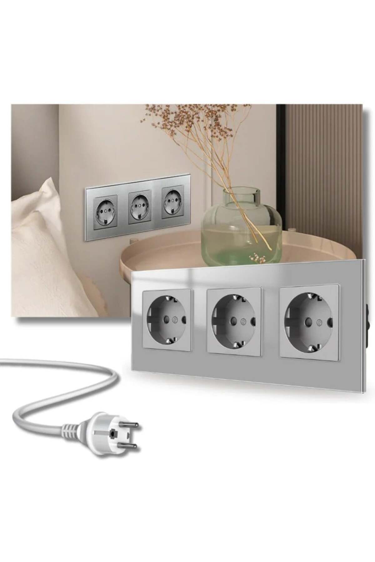 iUni-Triple socket with tempered glass frame iUni WS3, 16A, Silver 2