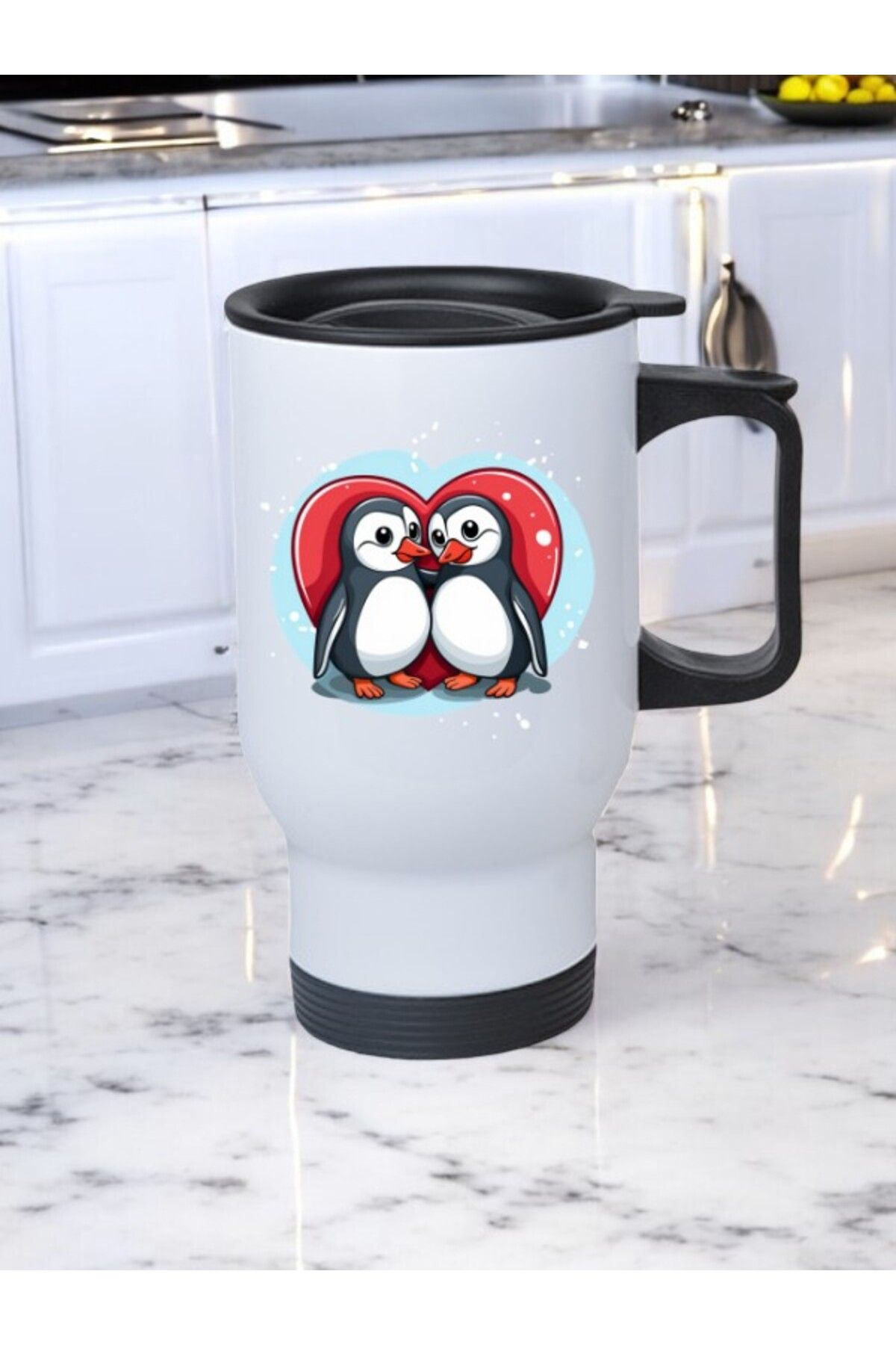 lili hediyelik Kalp ve Penguen Baskılı Kulplu Çelik Bardak Termos 450 ml