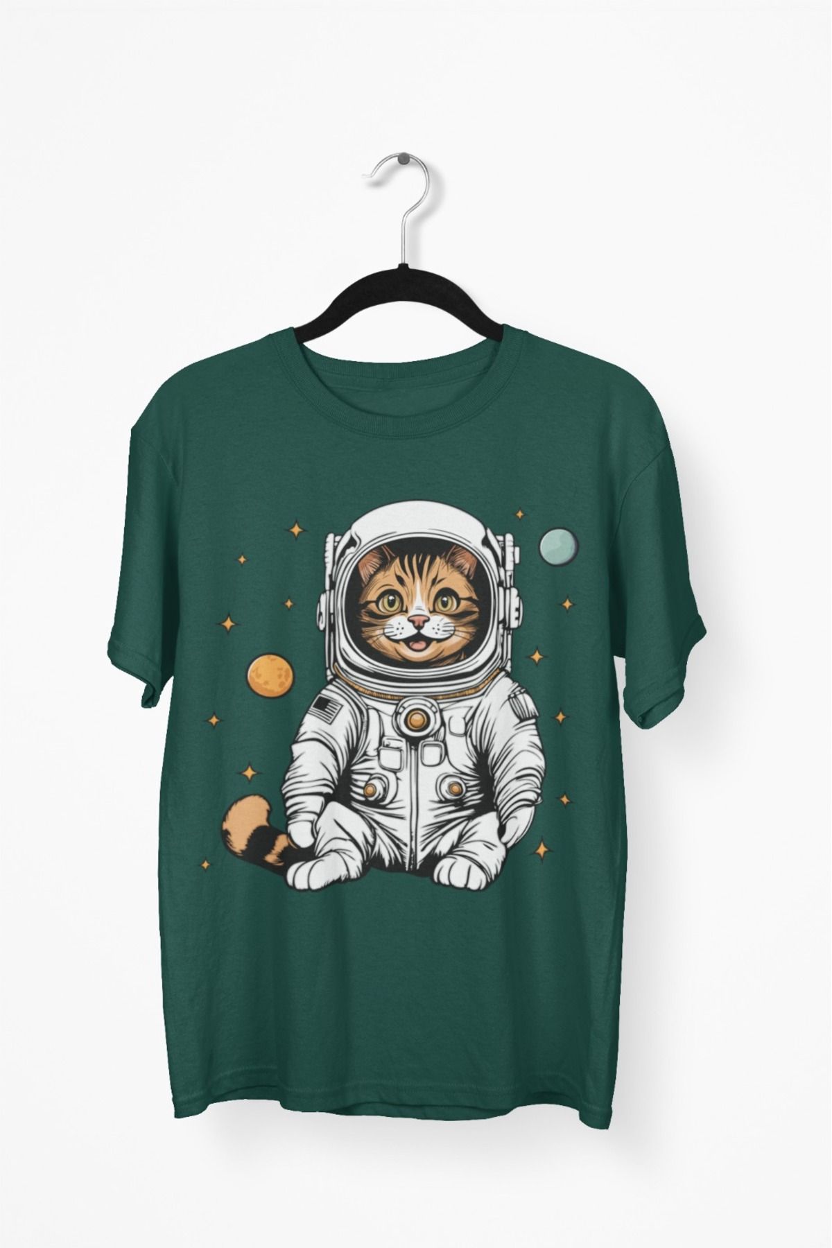 Butik ERKEK/KADIN -ASTRONOT KEDİ - TRANSFER BASKILI YUVARLAK YAKA KISA KOL TİŞÖRT