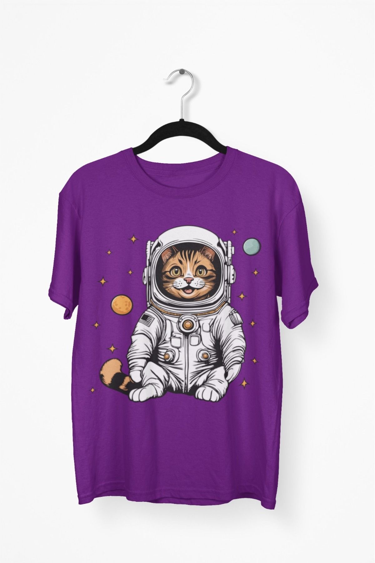 Butik ERKEK/KADIN -ASTRONOT KEDİ - TRANSFER BASKILI YUVARLAK YAKA KISA KOL TİŞÖRT