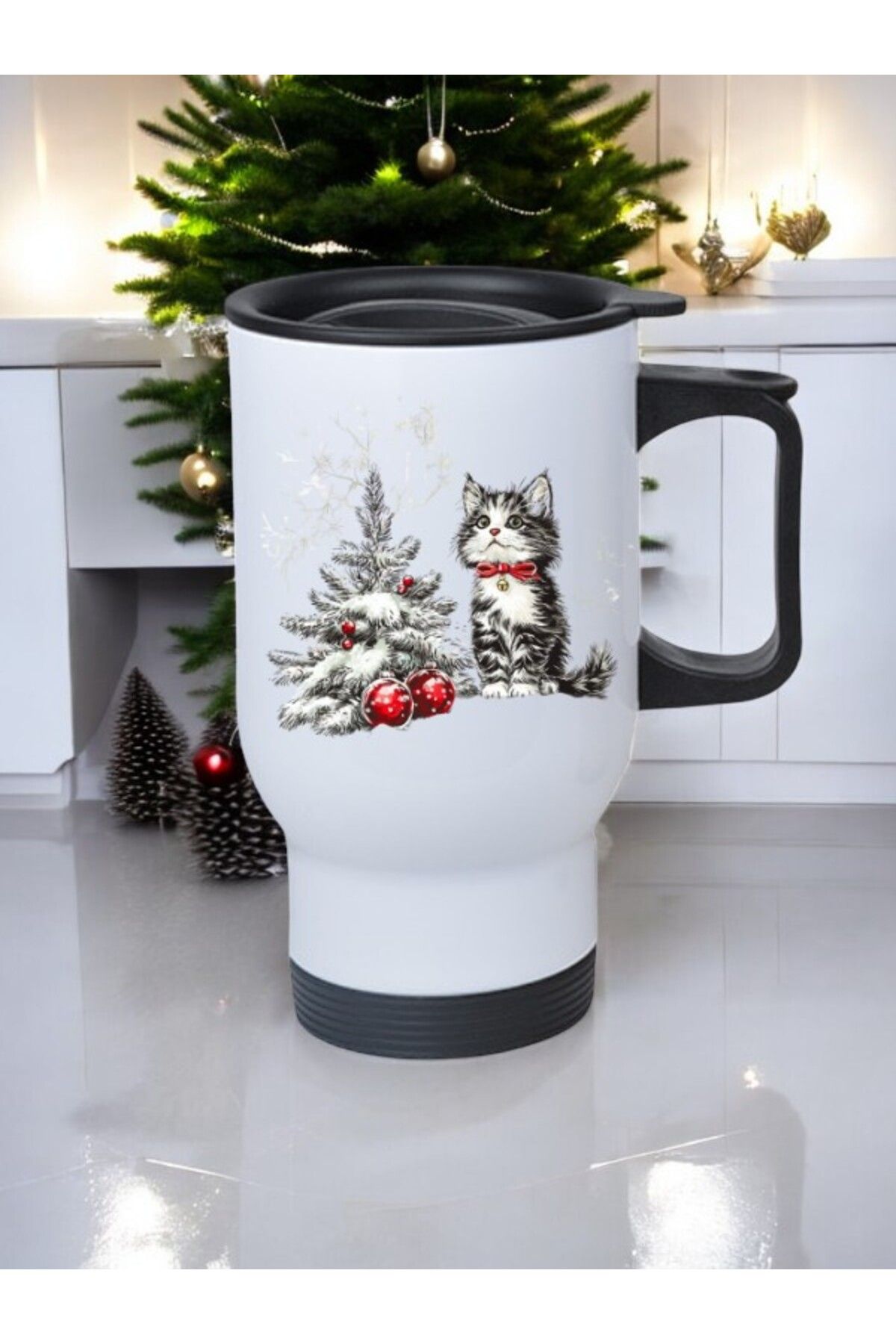 lili hediyelik Kedi ve Yılbaşı Temalı Kulplu Çelik Bardak Termos 450 ml