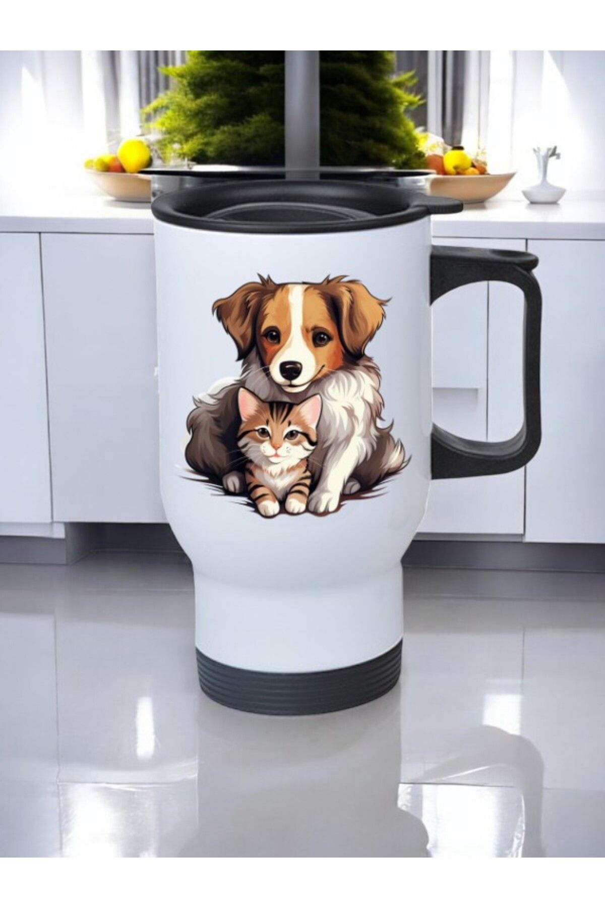 lili hediyelik Kedili Köpekli Kulplu Çelik Bardak Termos 450 ml