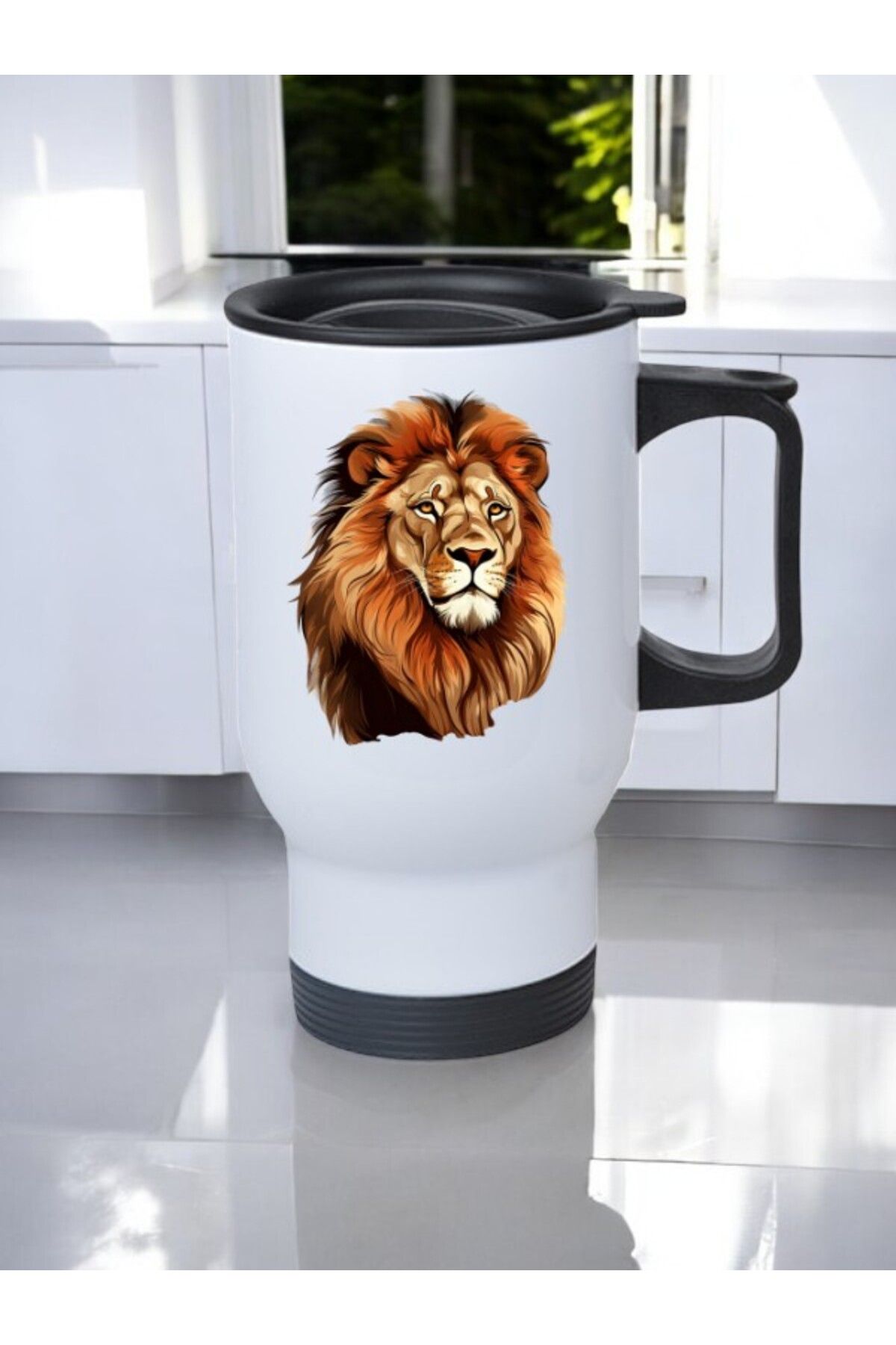 lili hediyelik Karizmatik Aslan Baskılı Kulplu Çelik Bardak Termos 450 ml