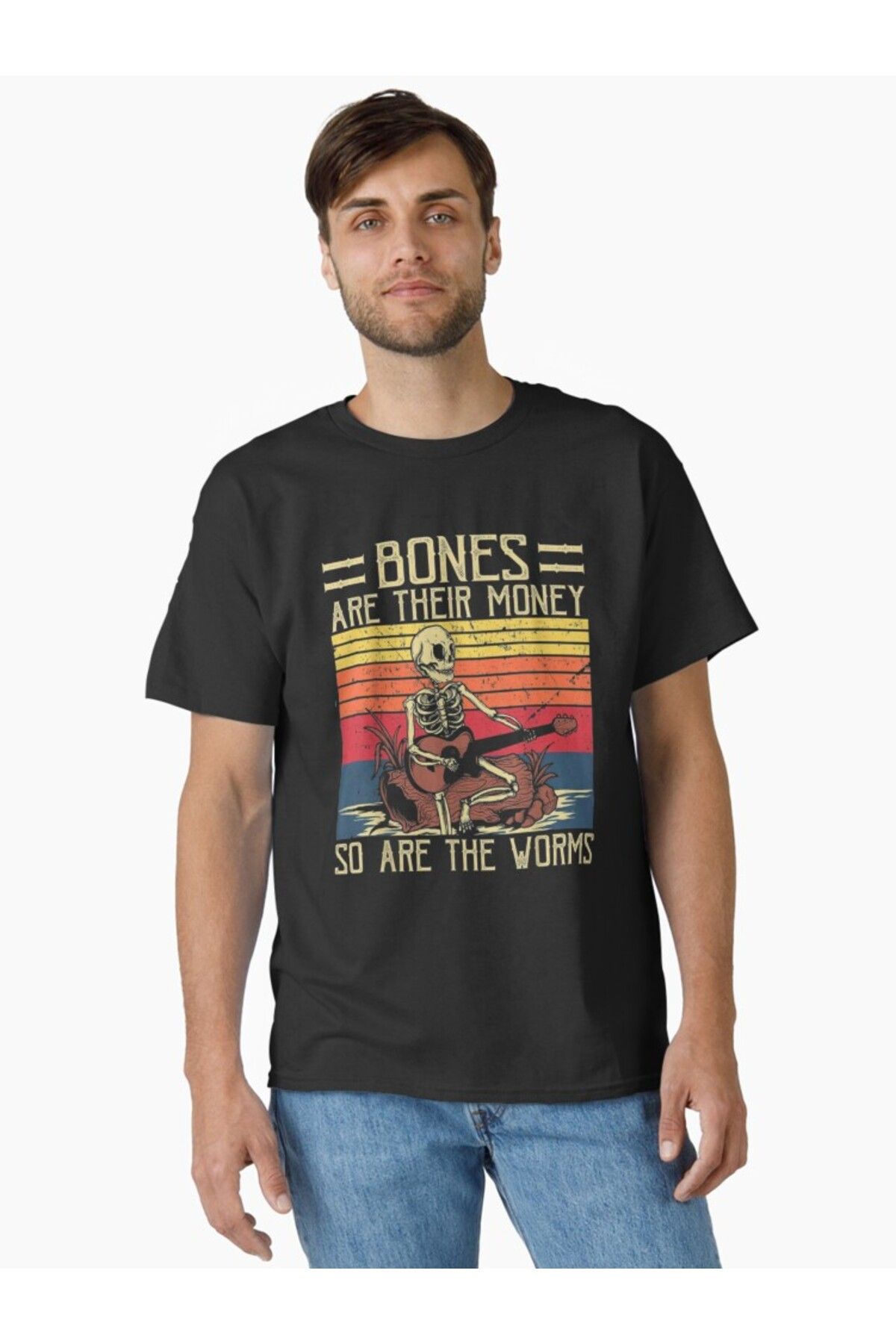 ship master Unisex Bones Are Their Money Yazılı İskelet Gitar Baskılı Tişört