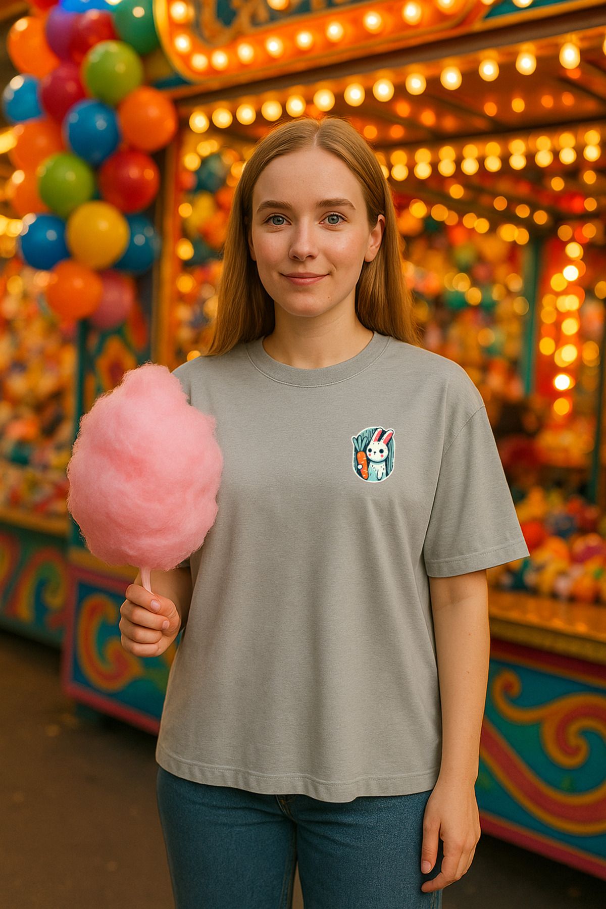 wolka Badge Tavşan Baskılı Unisex %100 Pamuk Oversize Bisiklet Yaka Gri T-shirt