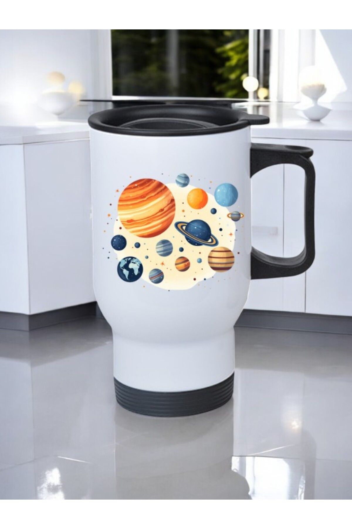 lili hediyelik Karma Evren Baskılı Kulplu Çelik Bardak Termos 450 ml