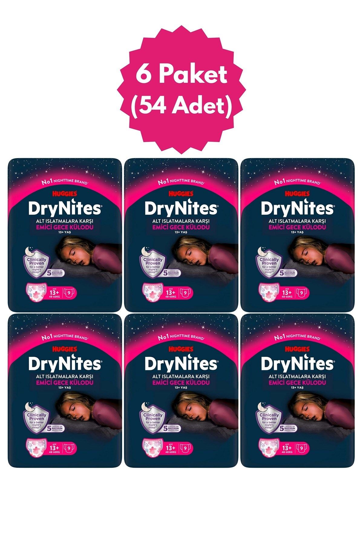 DryNites Huggies Drynites Kız Emici Gece Külodu 13+ Yaş 48-60 Kg 6 Paket(54 Adet)
