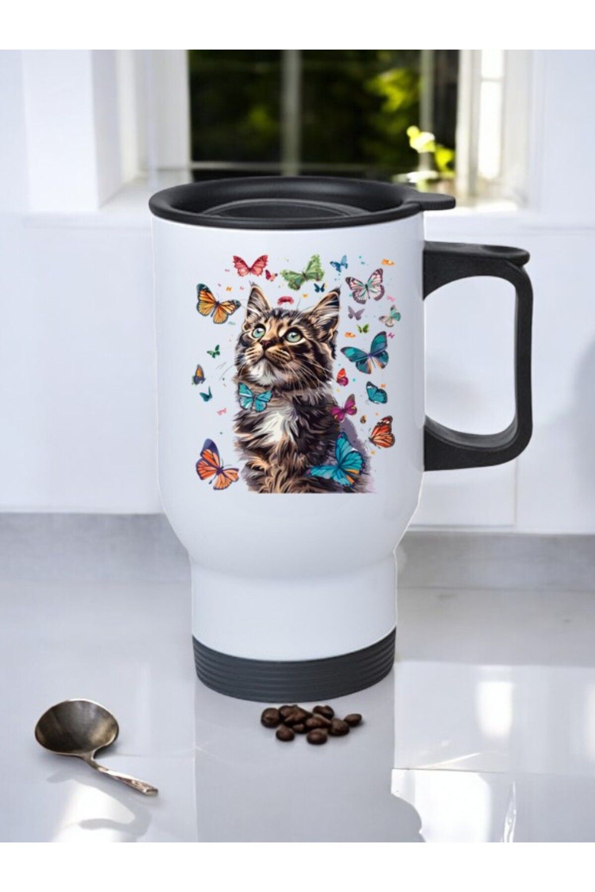 lili hediyelik Kelebeklere Bakan Kedi Baskılı Kulplu Çelik Bardak Termos 450 ml