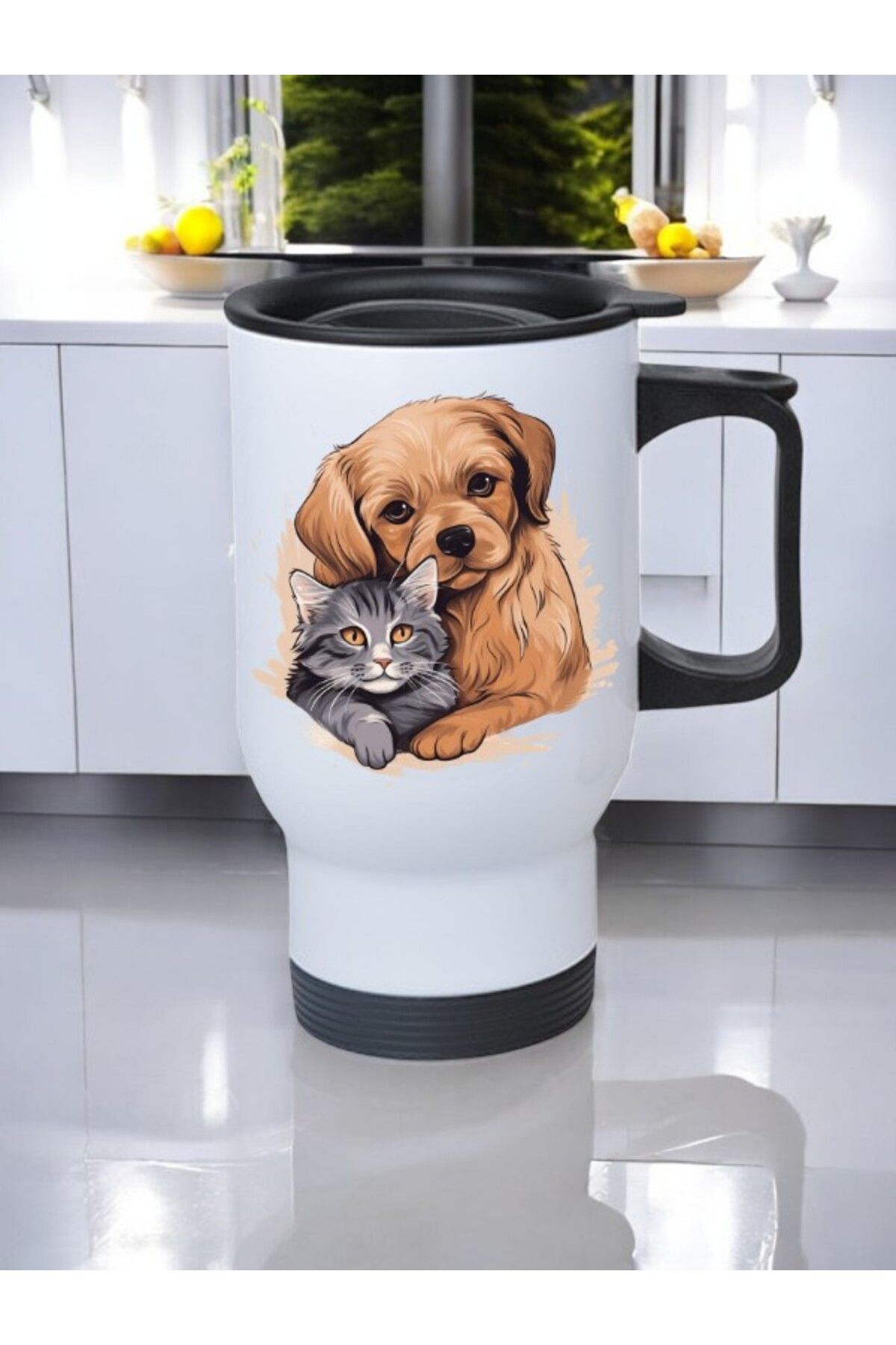lili hediyelik Kedi Köpek Baskılı Kulplu Çelik Bardak Termos 450 ml