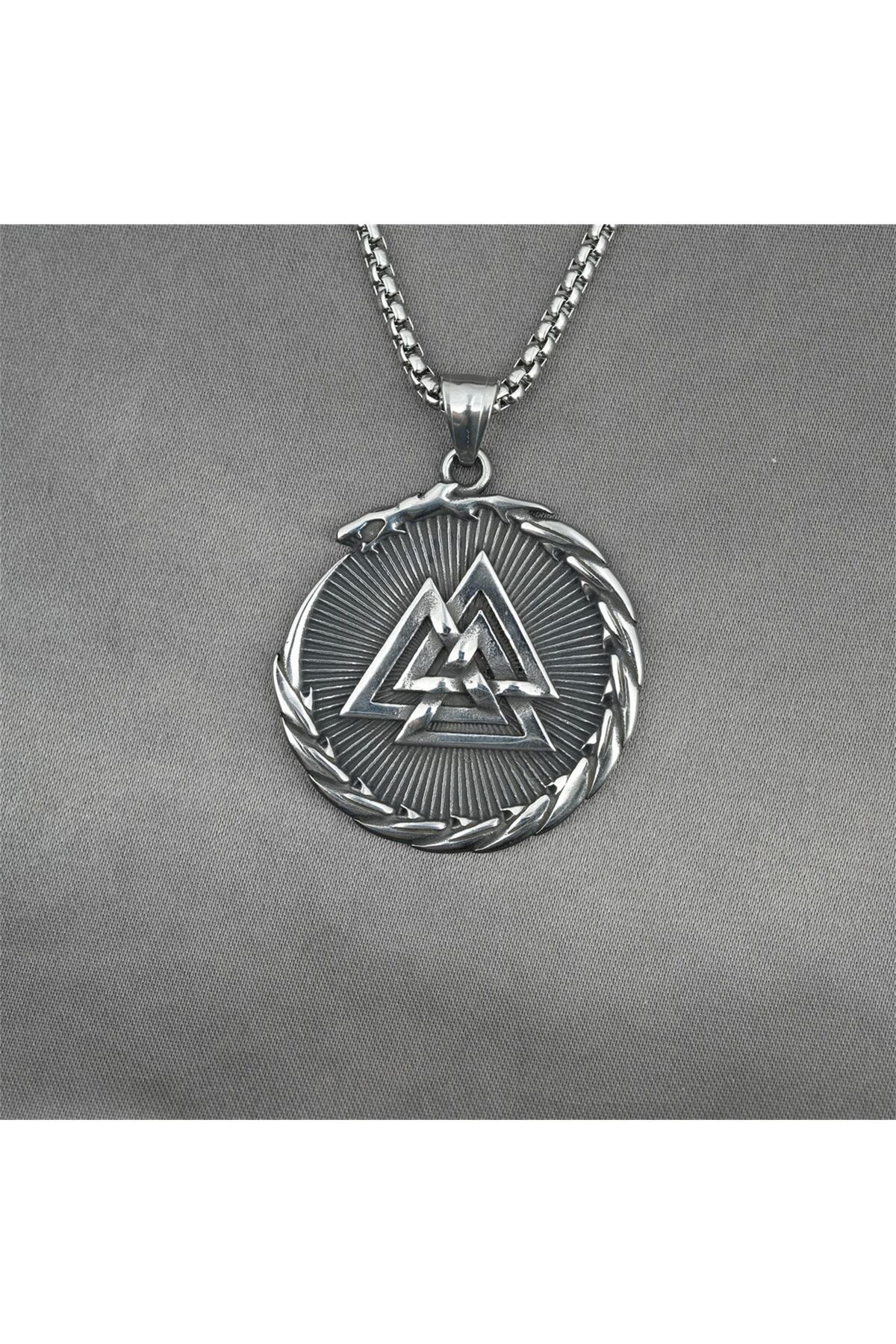 Viking Pusulası Valknut İskandinav Mitolojisi Çift Yüzlü Madalyon 316L Çelik Kolye