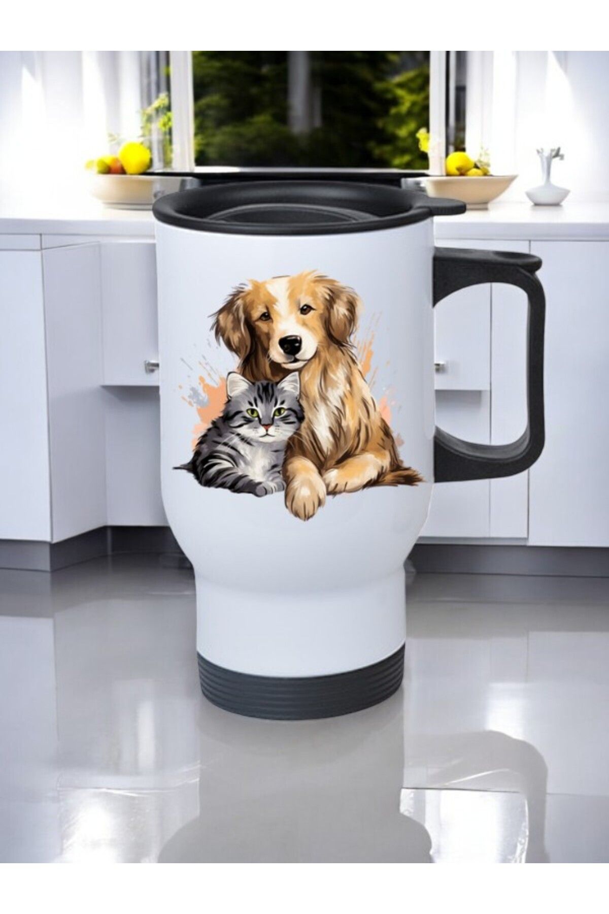 lili hediyelik Kedi Köpek Dostluğu Baskılı Kulplu Çelik Bardak Termos 450 ml