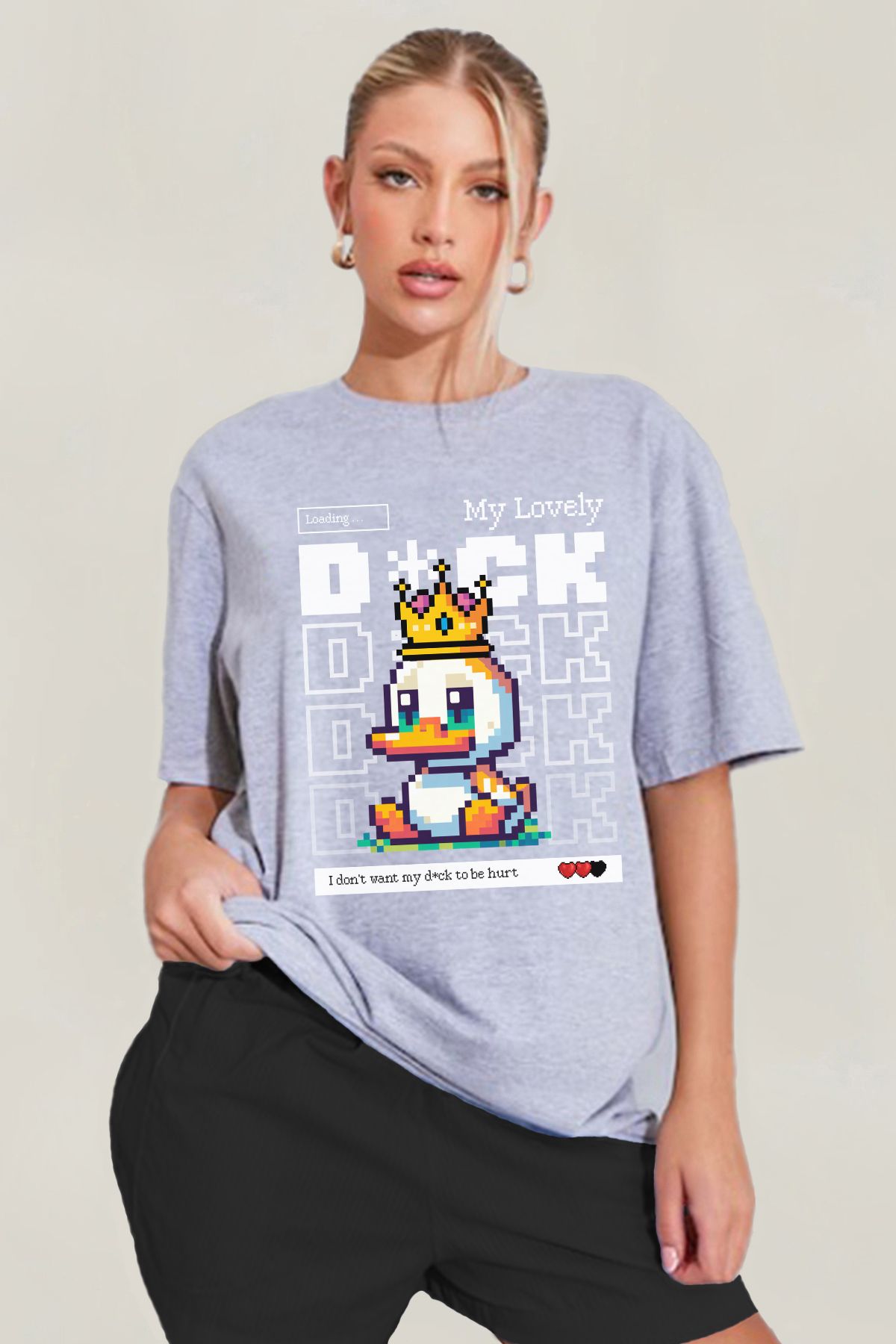 MODA Baby Duck Ördek Baskılı Oversize Kalıp Grimelanj Geniş Bol Kesim Kadın Tişört