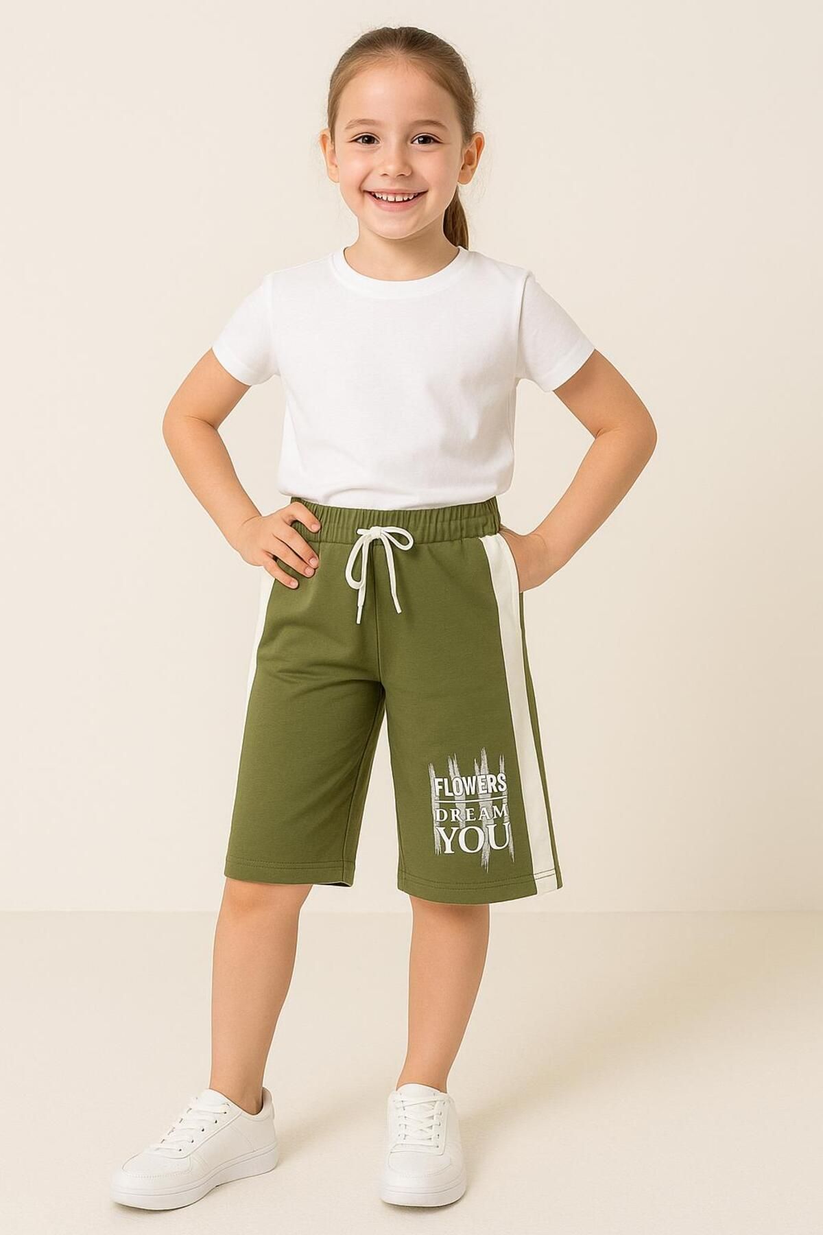 babixkids Caribou Kız Çocuk Çizgili Baskılı Kapri 5-16 Yaş Arası