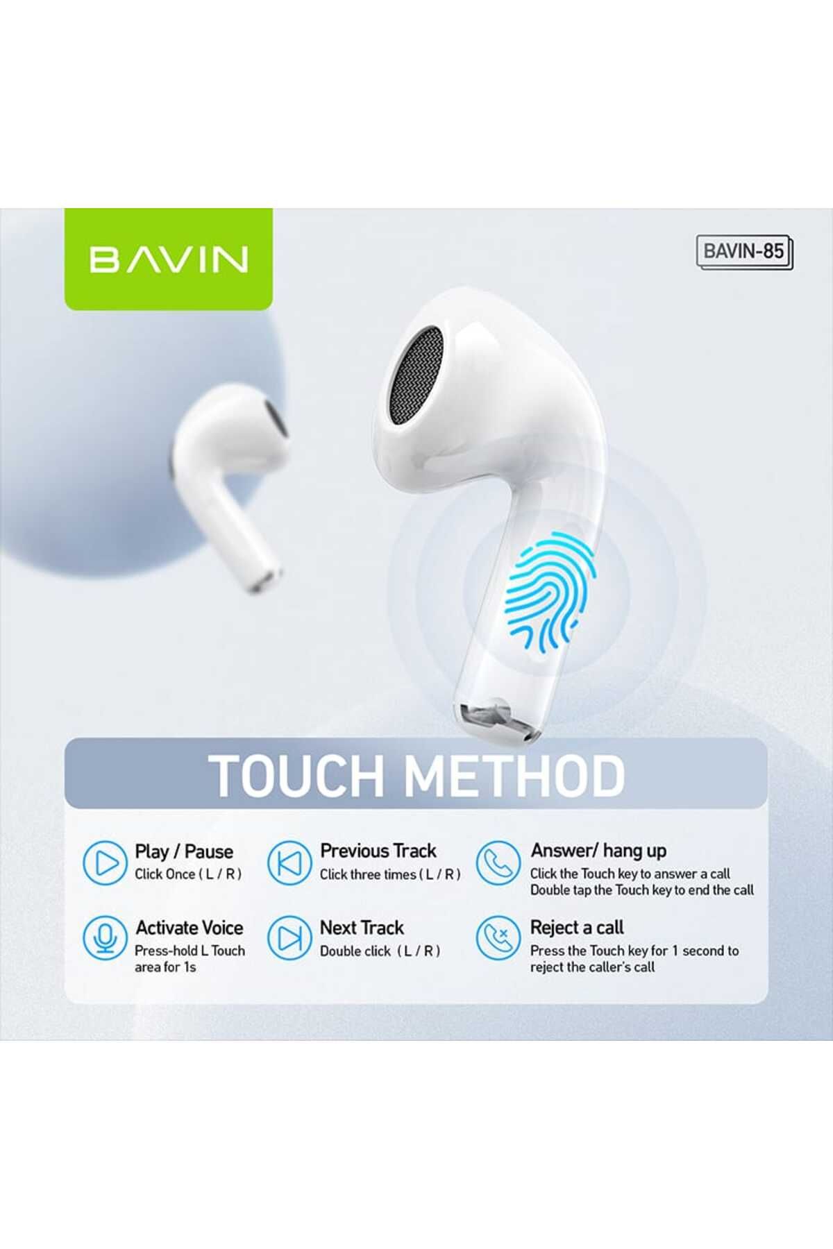 Bavin-BA-85 TWS Hi-Fi Wireless Earphones with Mini Design, Low Latency, and Smart Touch, White 2
