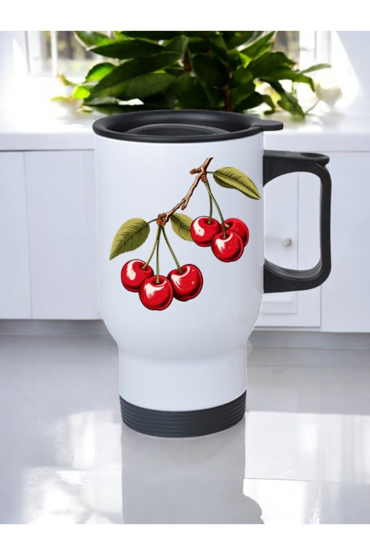 lili hediyelik Kiraz Dalı Baskılı Kulplu Çelik Bardak Termos 450 ml