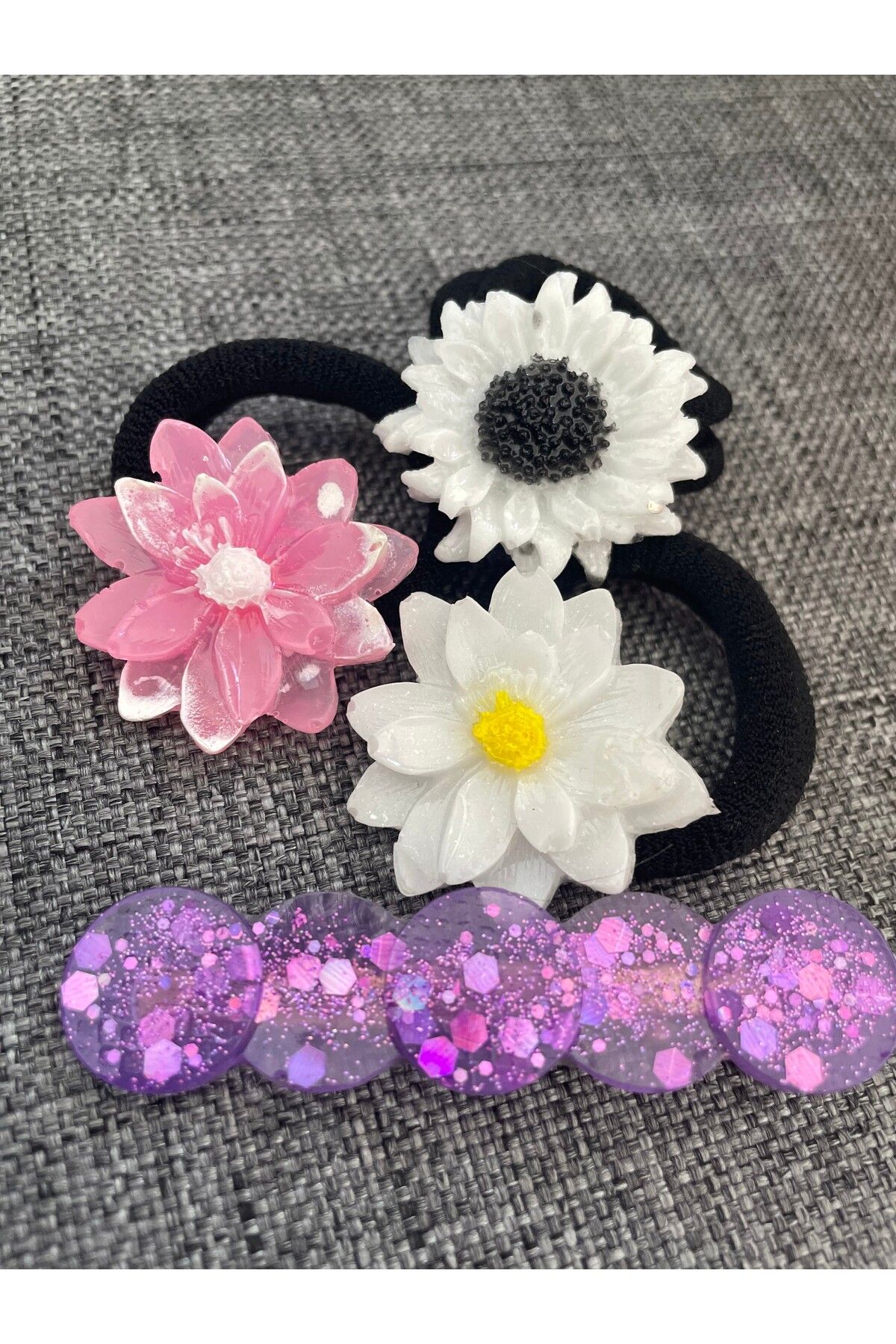 VokaAccessories Epoxy Çiçekli saç aksesuar seti:3 lastıkli toka ve 1 klips