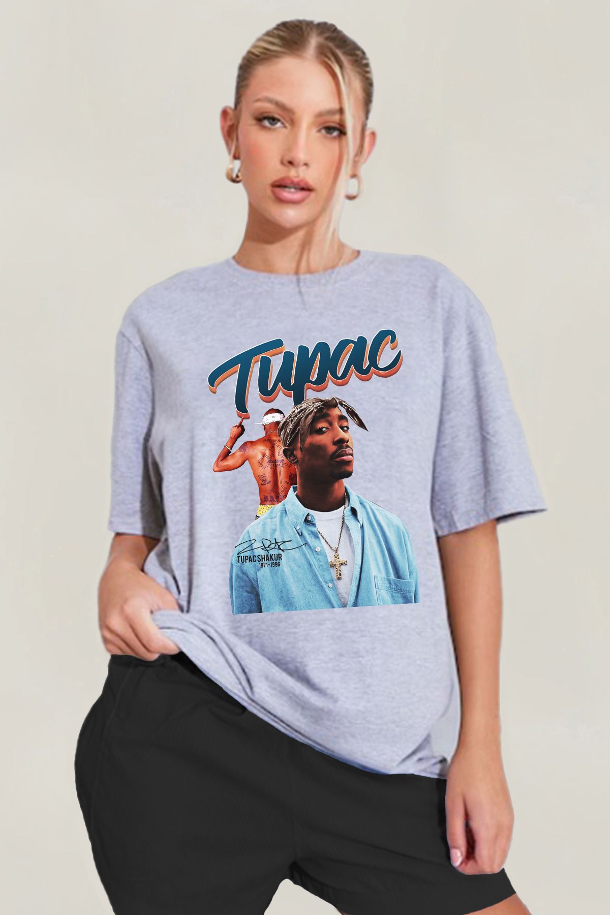 MODA Tupac Shakur Baskılı Oversize Kalıp Grimelanj Geniş Bol Kesim Kadın Tişört