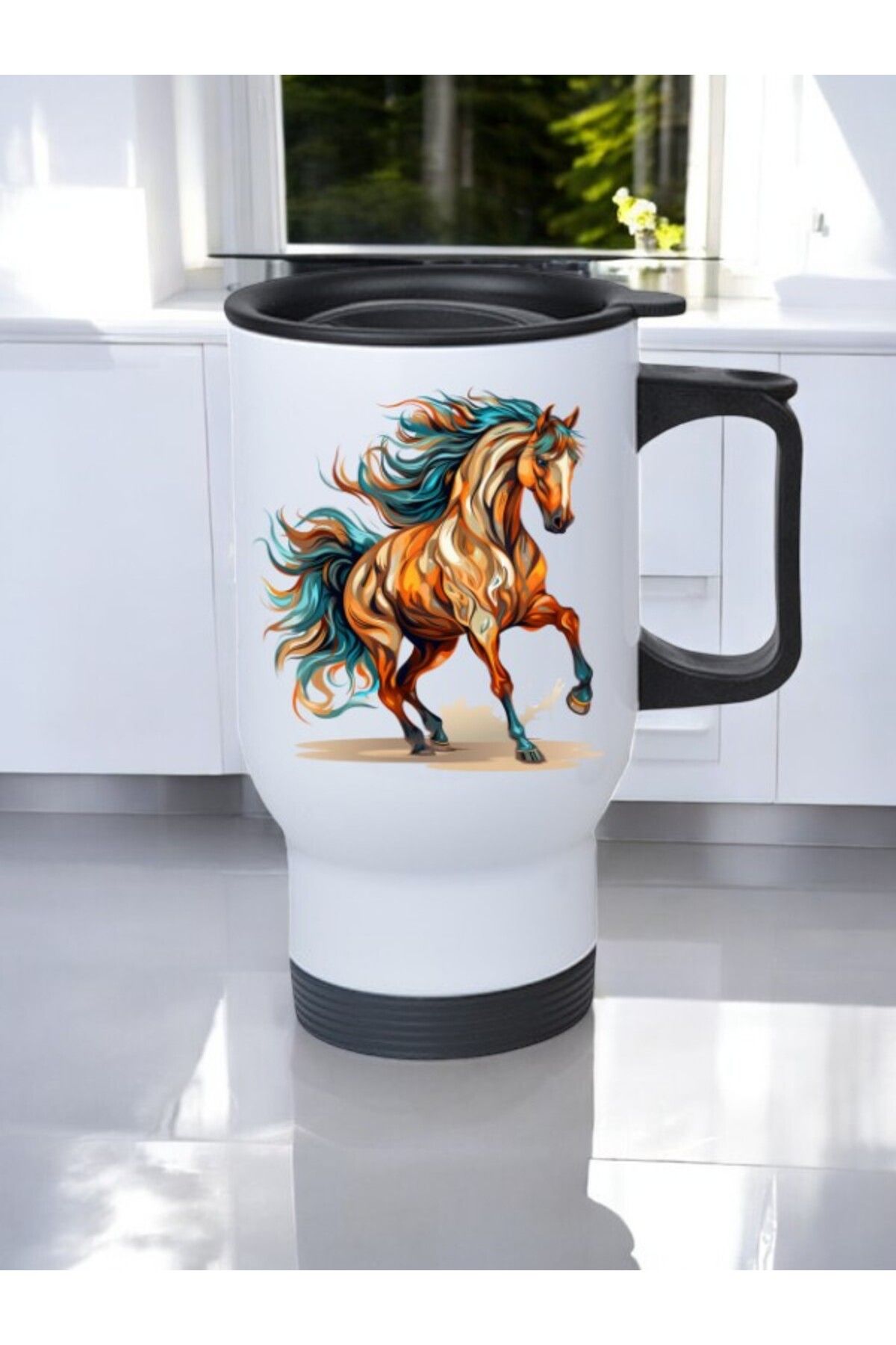 lili hediyelik Koşan At Baskılı Kulplu Çelik Bardak Termos 450 ml