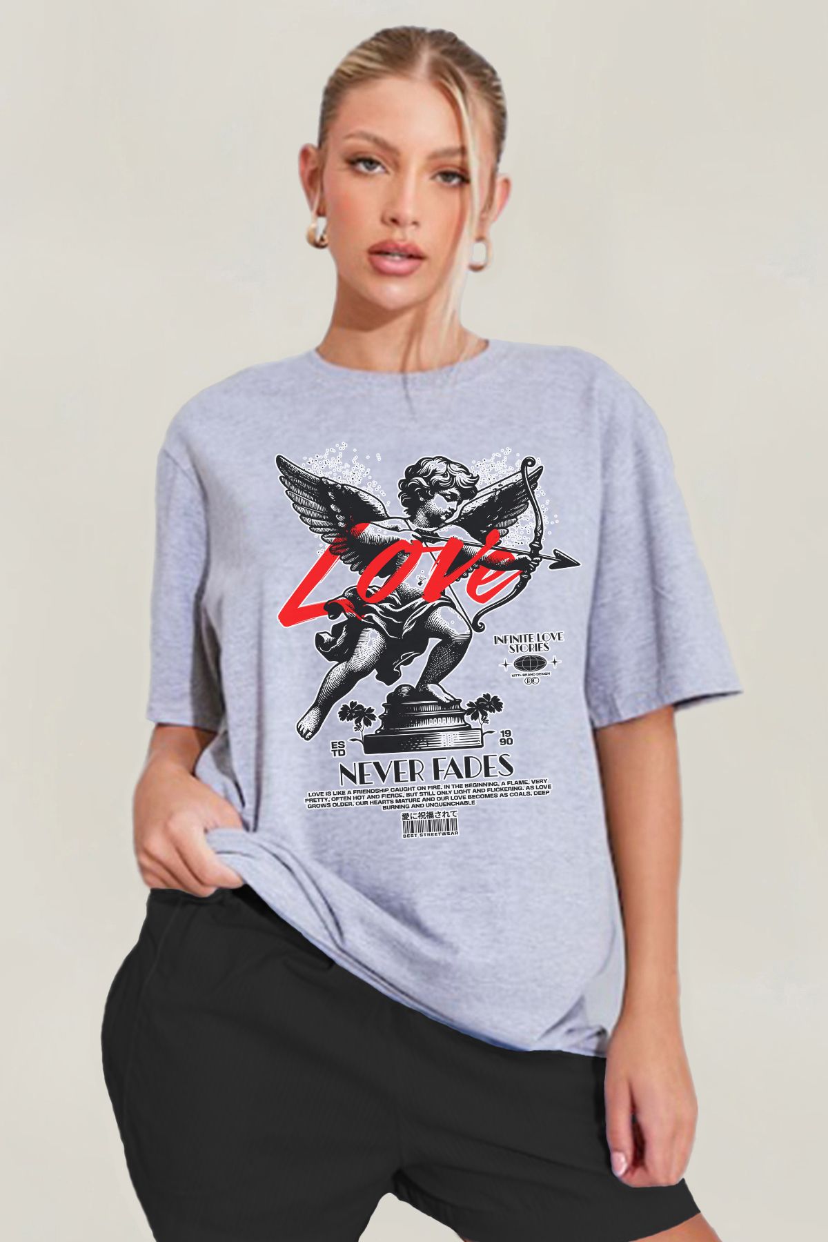 MODA Aşk Tanrısı Eros Yunan Heykel Baskılı Oversize Kalıp Grimelanj Geniş Bol Kesim Kadın Tişört