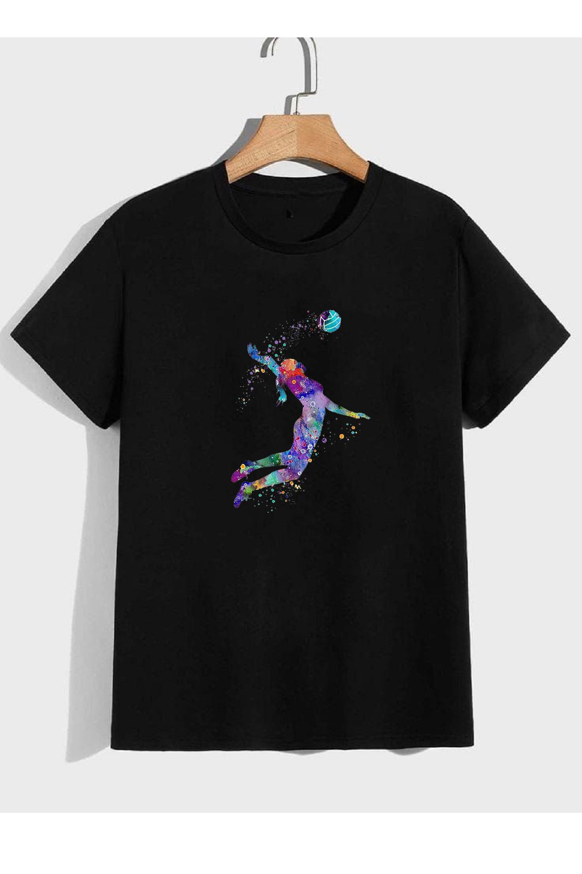 makiteks Voleybol Baskılı Kadın Unisex Bisiklet Yaka Baskılı T-shirt Beyaz Siyah Gri tişört