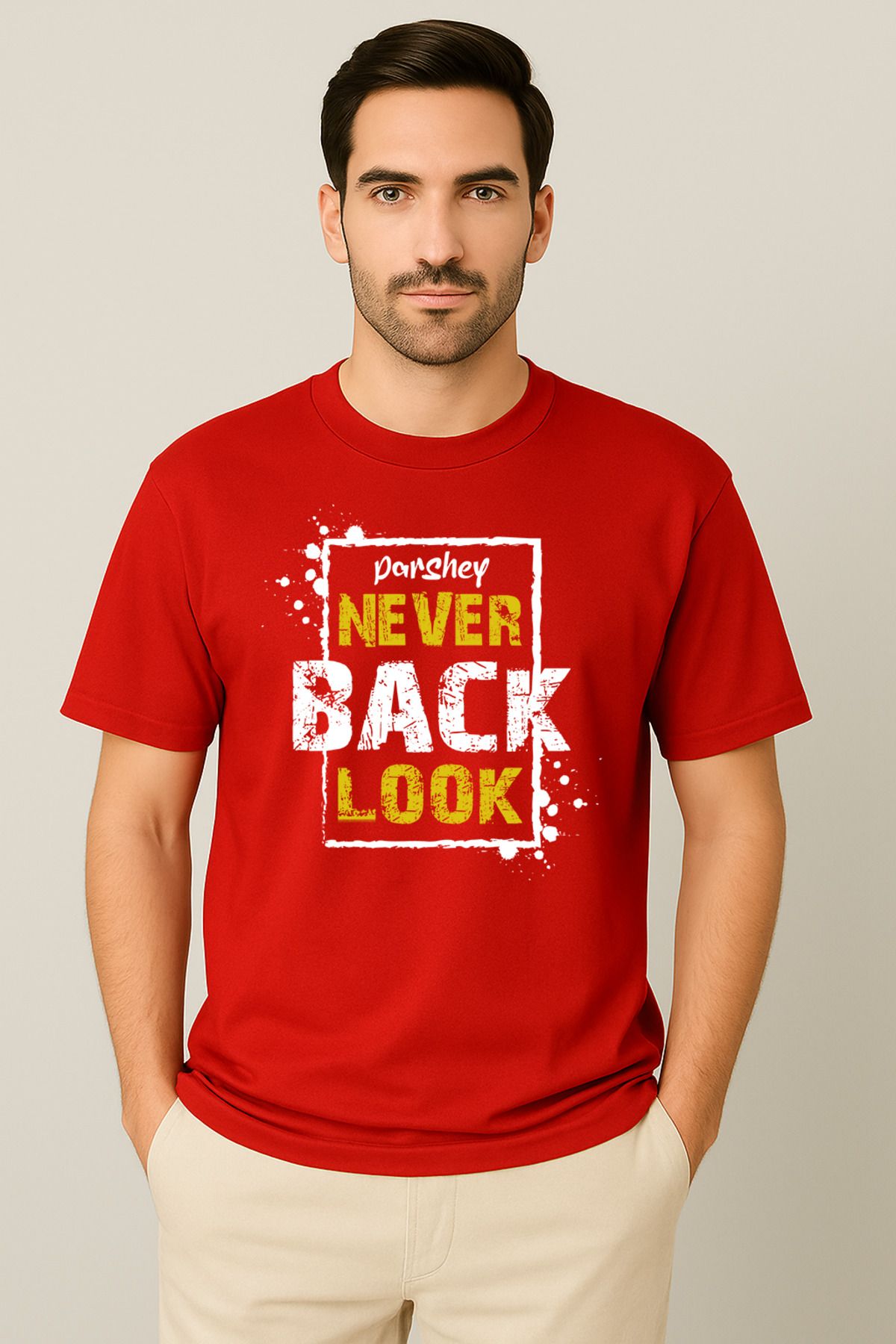 PARSHEY Erkek - Kadın %100 Pamuk Never Look Back Baskılı Yarım Kollu Bisiklet Yaka T-Shirt