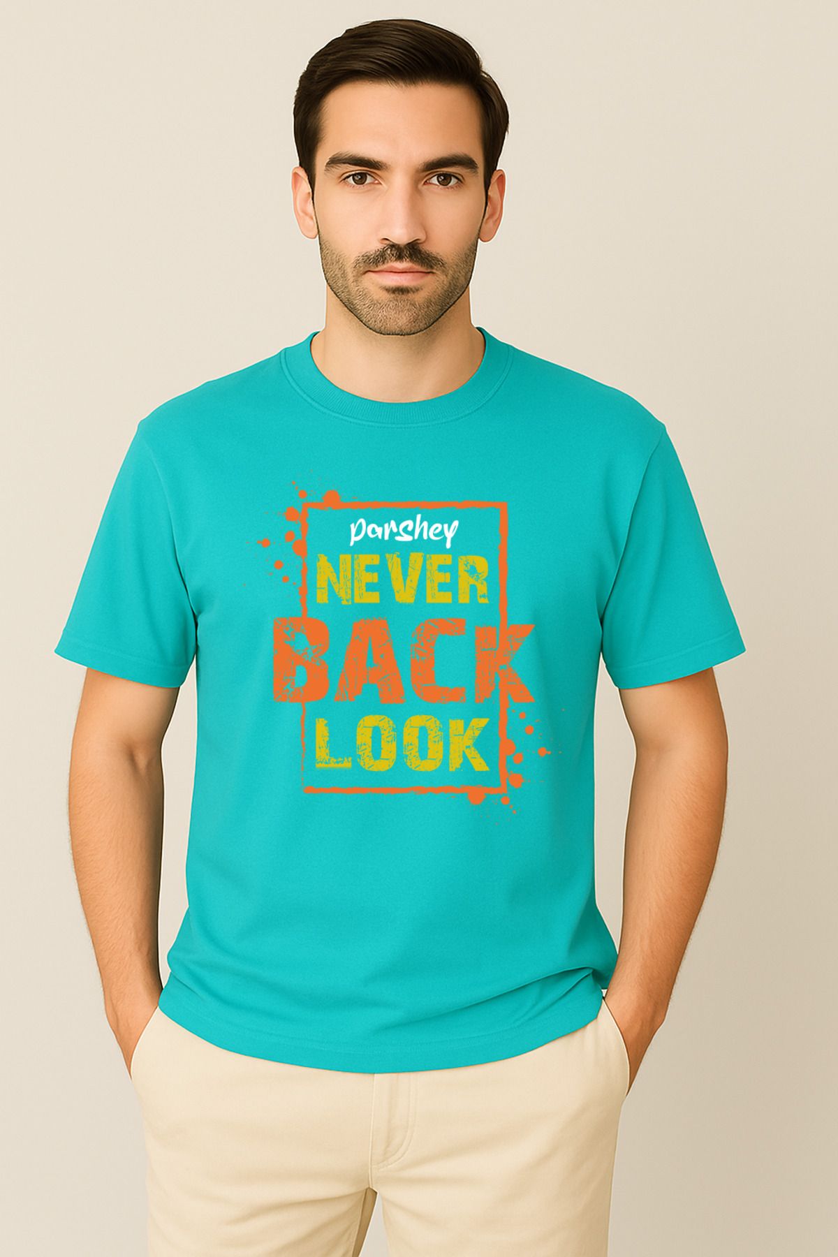 PARSHEY Erkek - Kadın %100 Pamuk Never Look Back Baskılı Yarım Kollu Bisiklet Yaka T-Shirt