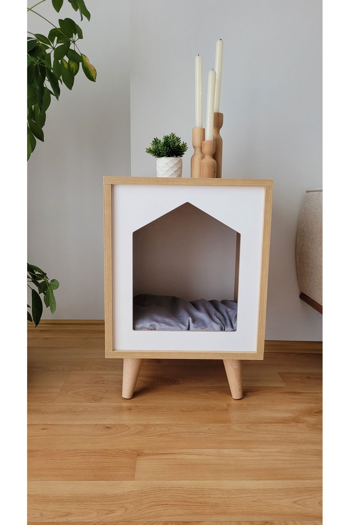 FURNİCO Kedi Evi & Ahşap Kedi Evi 40x40 cm Doğal Ahşap Renk