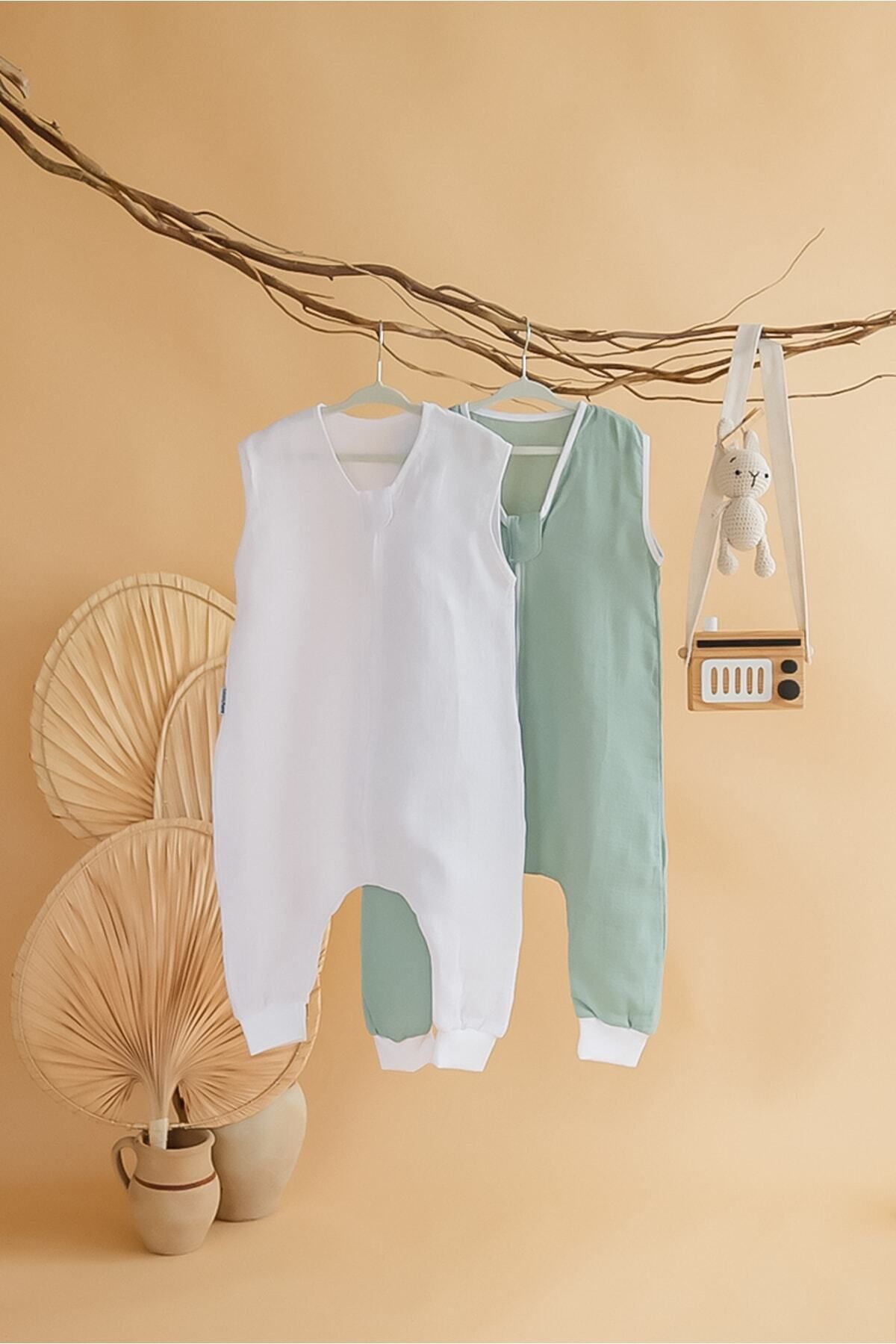 MAGIC PORT Zamansız,Basic Oeko-Tex Sertifikalı %100Pamuklu Müslin Uyku Tulum Kız/Erkek Bebek Unisex 2'li Takım