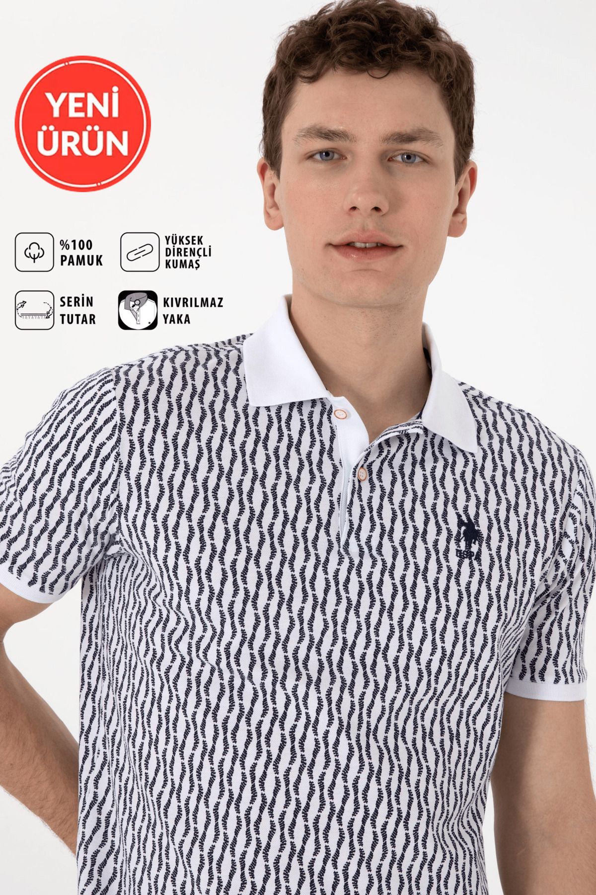 U.S. Polo Assn. Erkek Regular Fit Polo Yaka Koyu Mavi Desenli T-Shirt