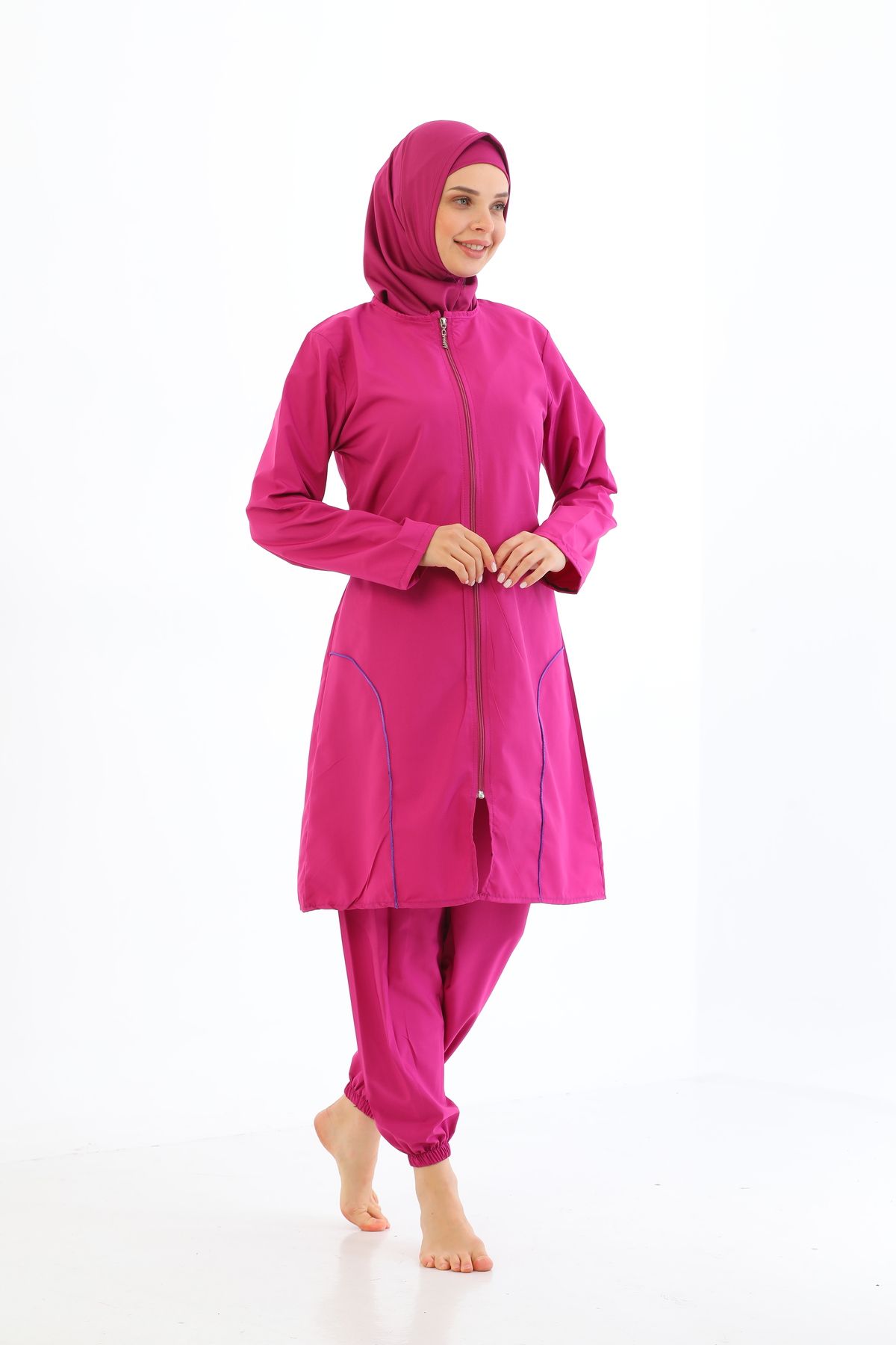 inkasole Büyük Beden Paraşüt Fermuarlı Tesettür Mayo 1700-3-3 Pembe