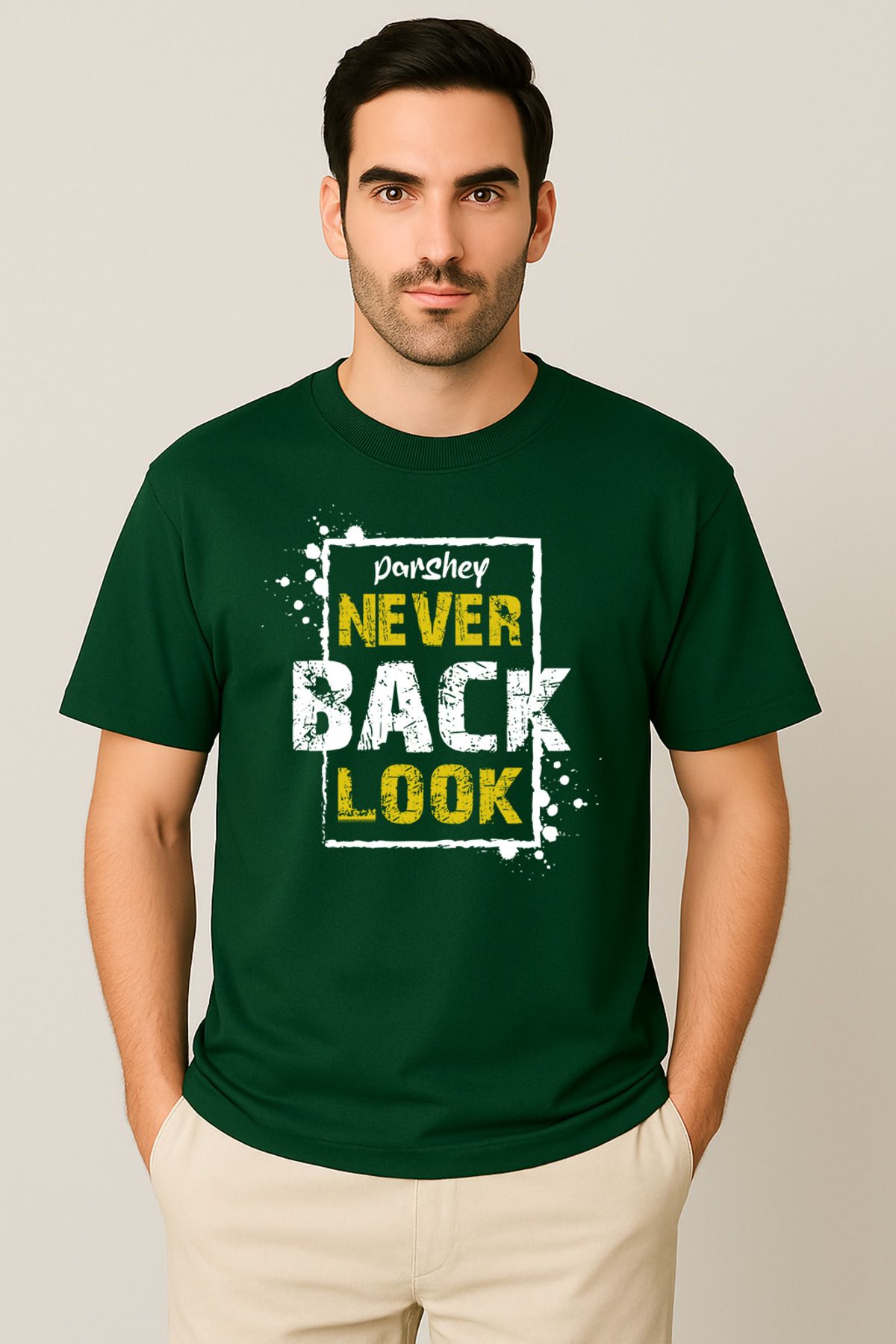 PARSHEY Erkek - Kadın %100 Pamuk Never Look Back Baskılı Yarım Kollu Bisiklet Yaka T-Shirt