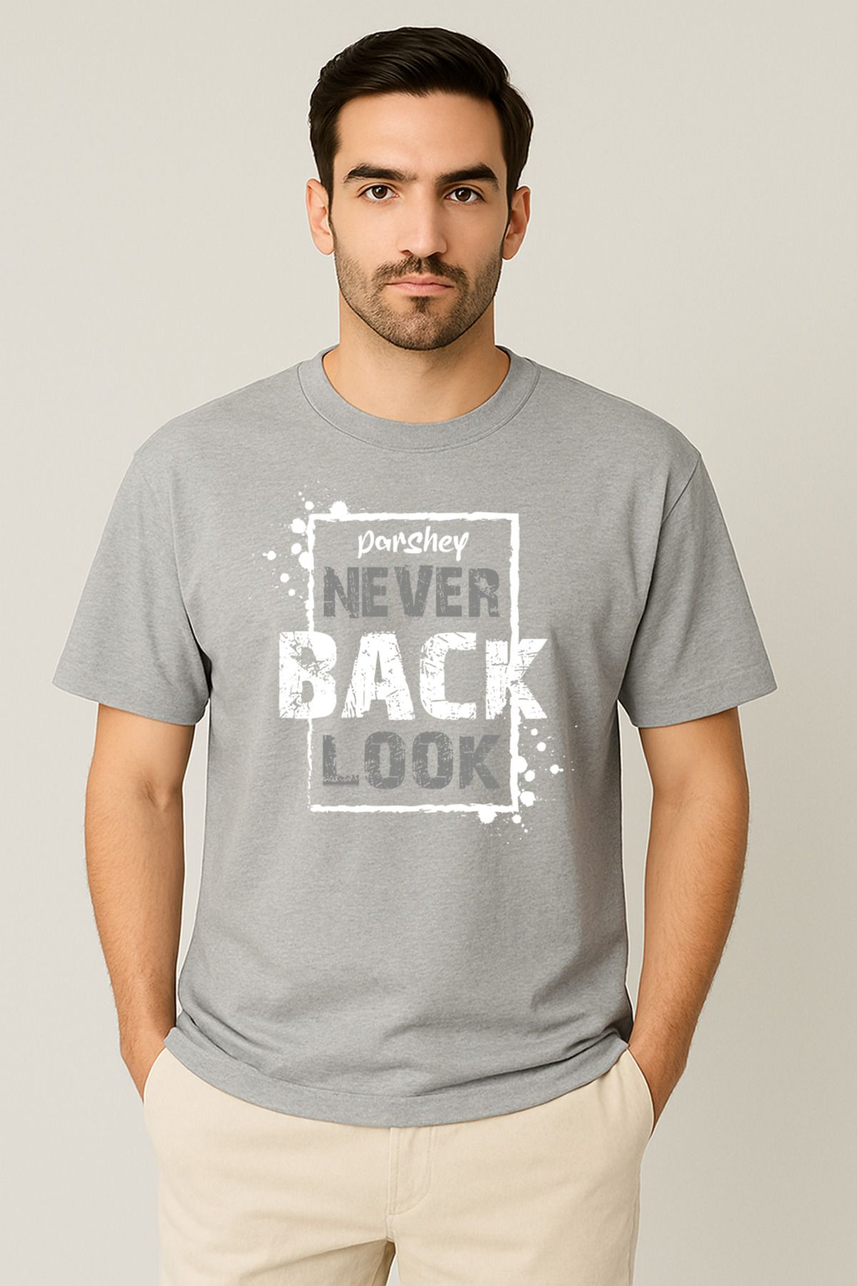 PARSHEY Erkek - Kadın %100 Pamuk Never Look Back Baskılı Yarım Kollu Bisiklet Yaka T-Shirt