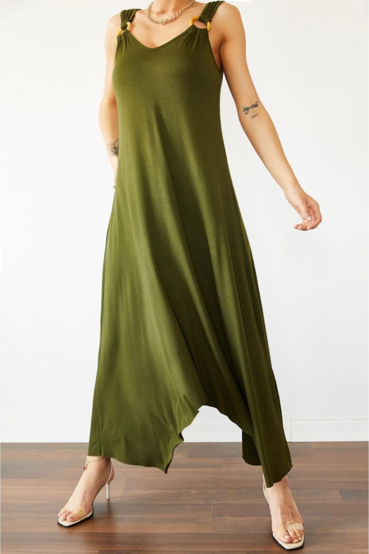fh fashionhere Kadın çan Dokuma Kumaş V Yaka Asimetrik Kesim Elbise