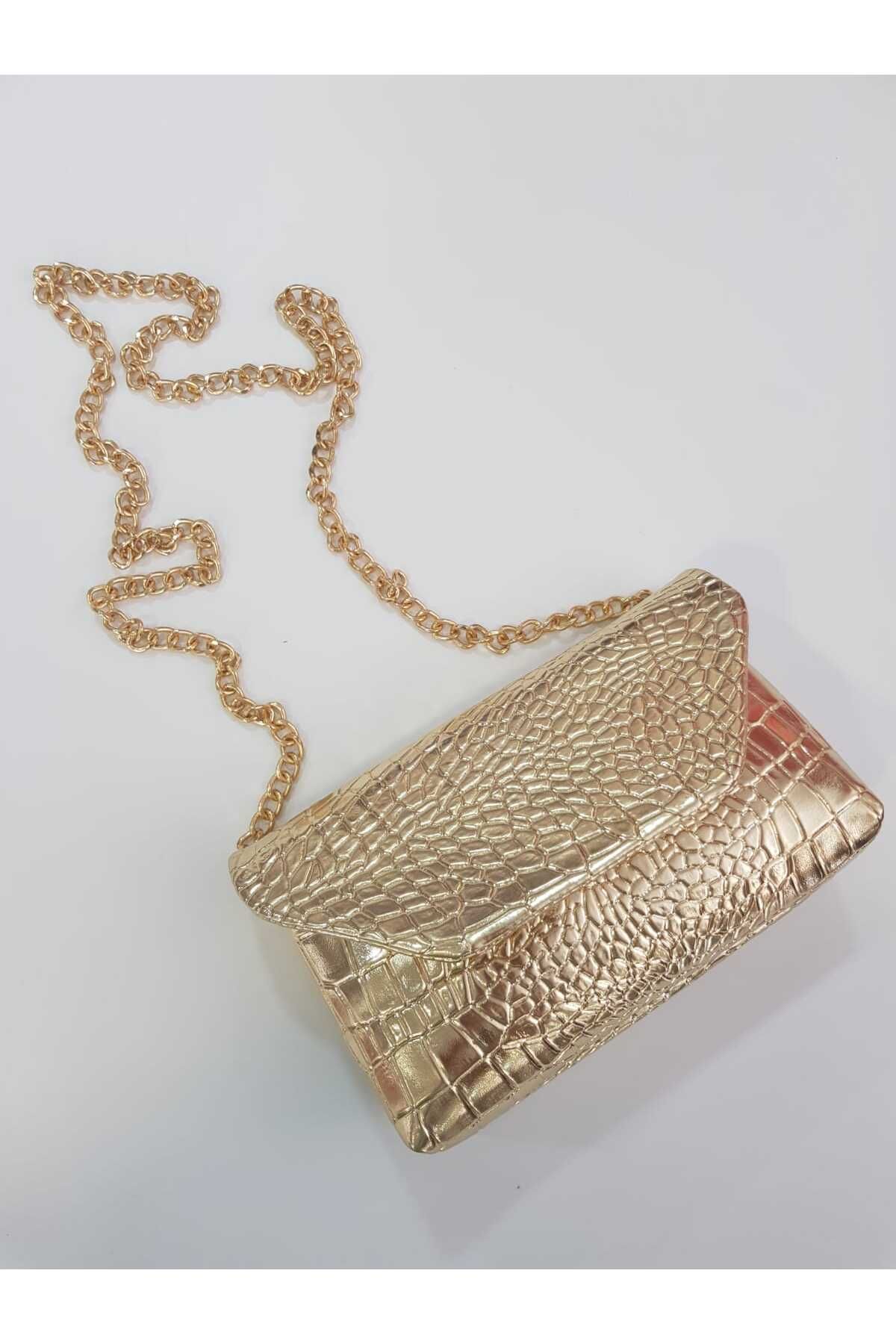 GÜLÇEM butik Nare Krokodil Zincir Askılı Kadın Omuz Çantası Gold