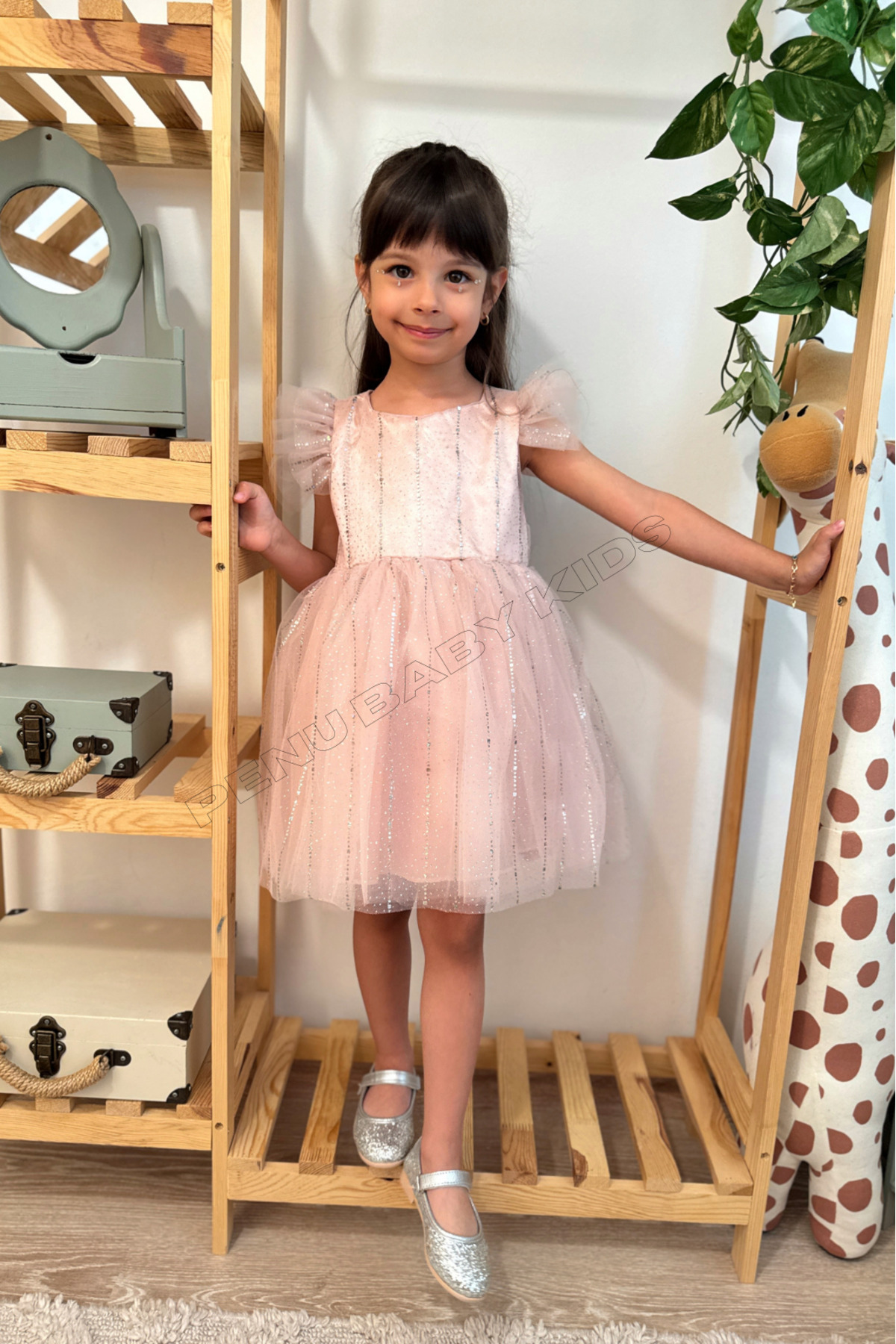 penu baby kids Pudra Yarım Kol Baskı Şeritli Tül Kız Çocuk Kız Bebek Elbise fotoğrafı 2 (önizleme)