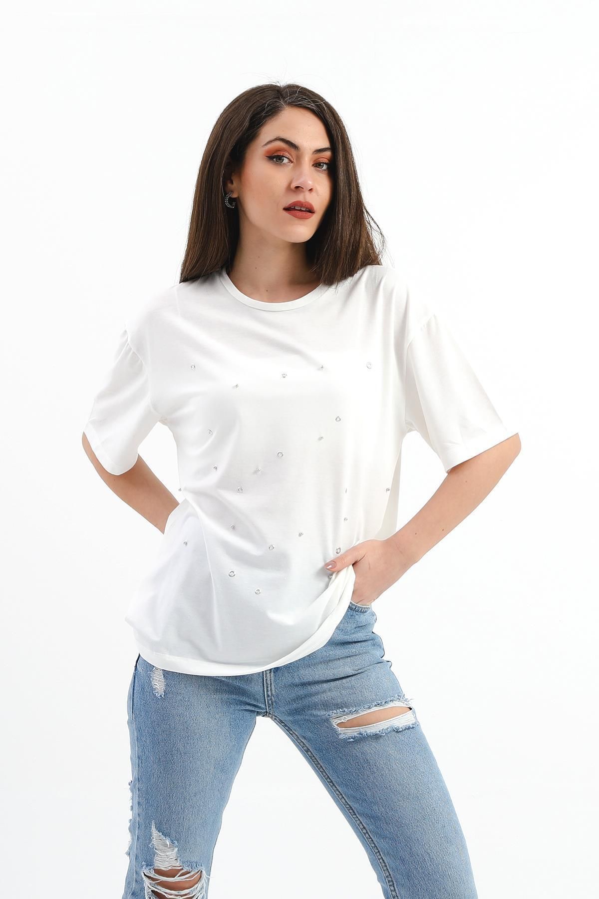 LLOHA Bisiklet Yaka Halka Ve Boncuk Detaylı T-shirt - Ekru