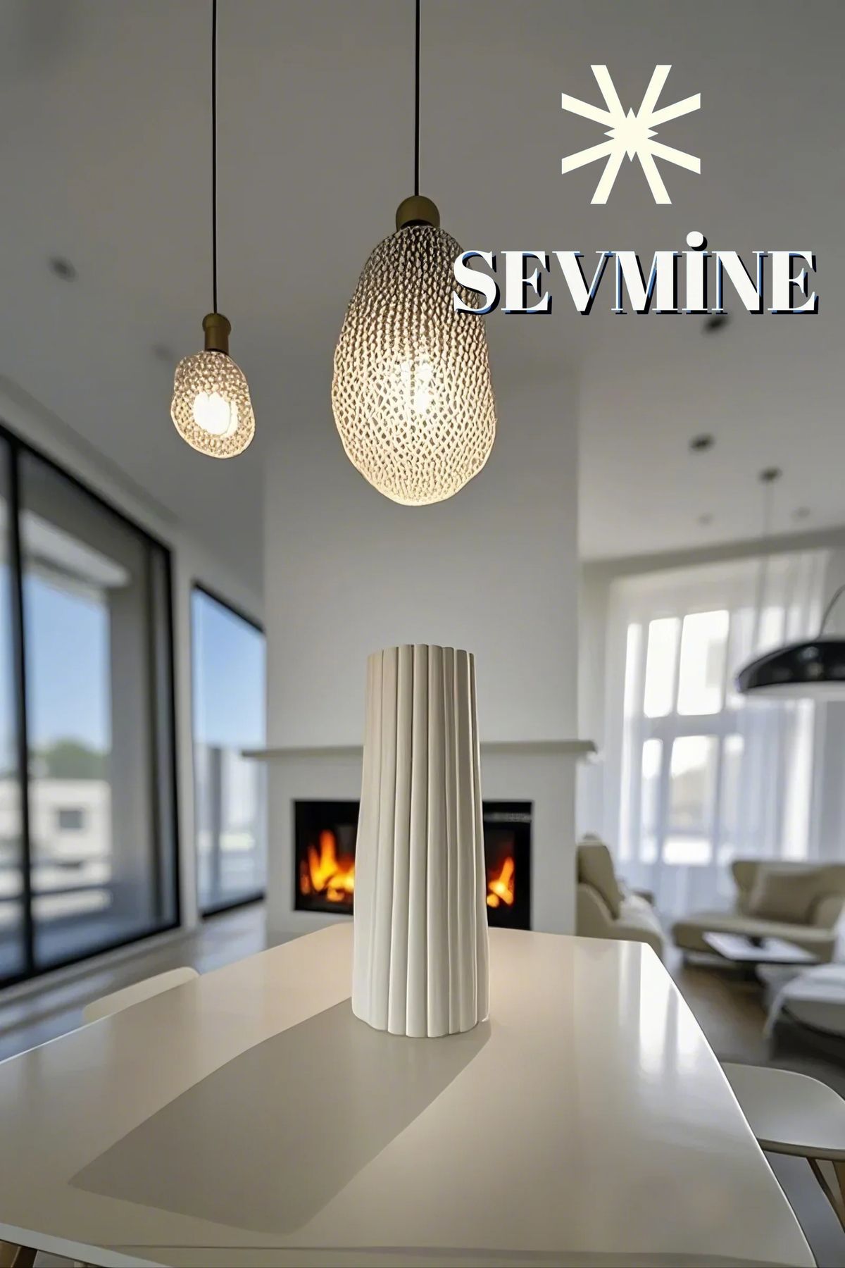 SEVMİNE İskandinav Tarzı Bohem Çizgili Kırık Beyaz Vazo 18 cm
