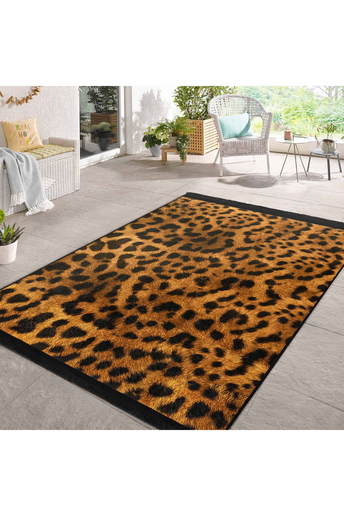 Realhomes Leopar Desenli Modern Salon Halısı - Yıkanabilir Kaymaz Taban 3D Dijital Baskı